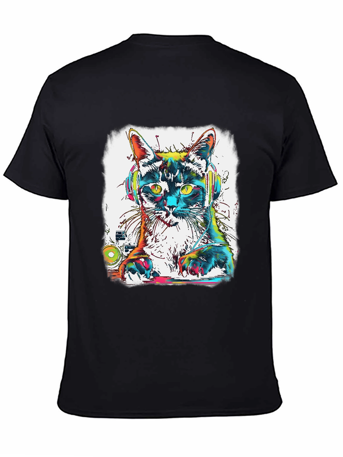 Black DJ Cat T-Shirt - Colorful Graphic Tee view 4