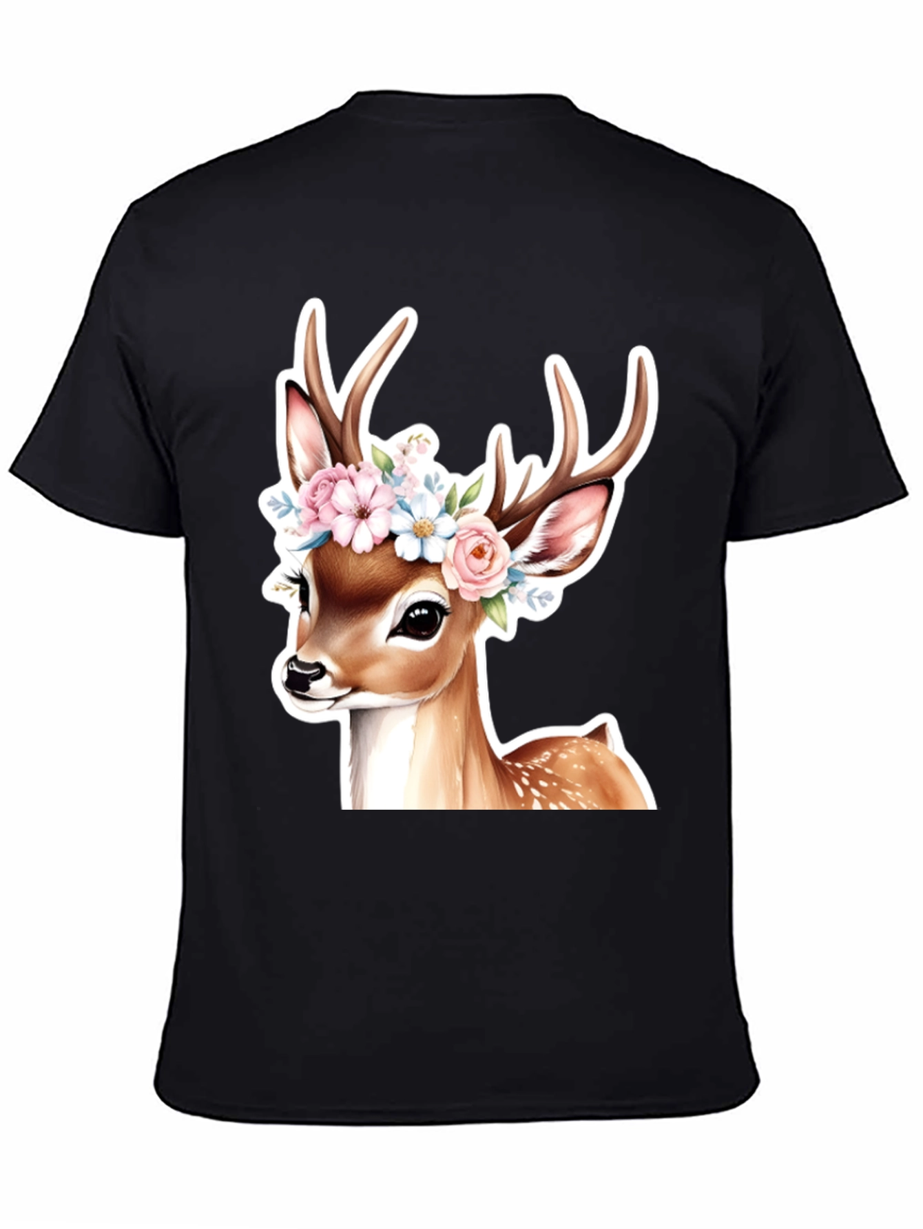Black Deer Floral Crown Black T-Shirt view 4