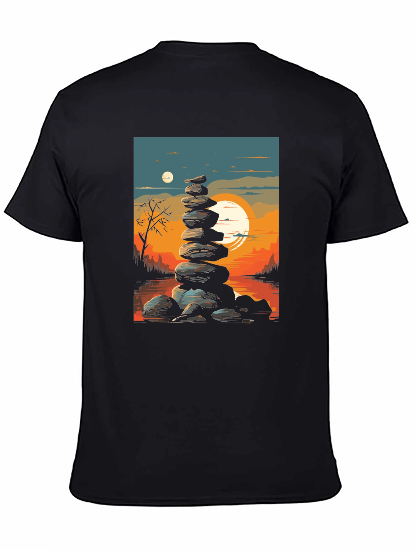 Black Zen Rock Stack T-Shirt - Sunset Landscape view 4