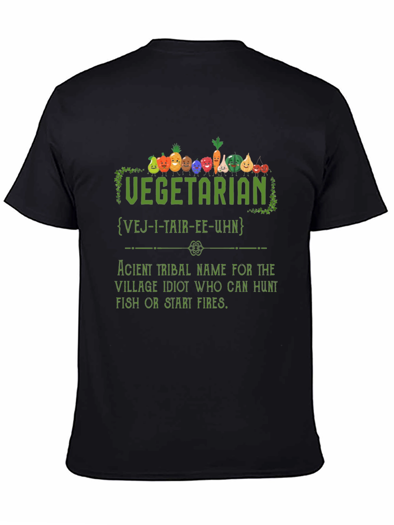 Black Vegetarian Village Idiot Funny Graphic T-Shirt view 4