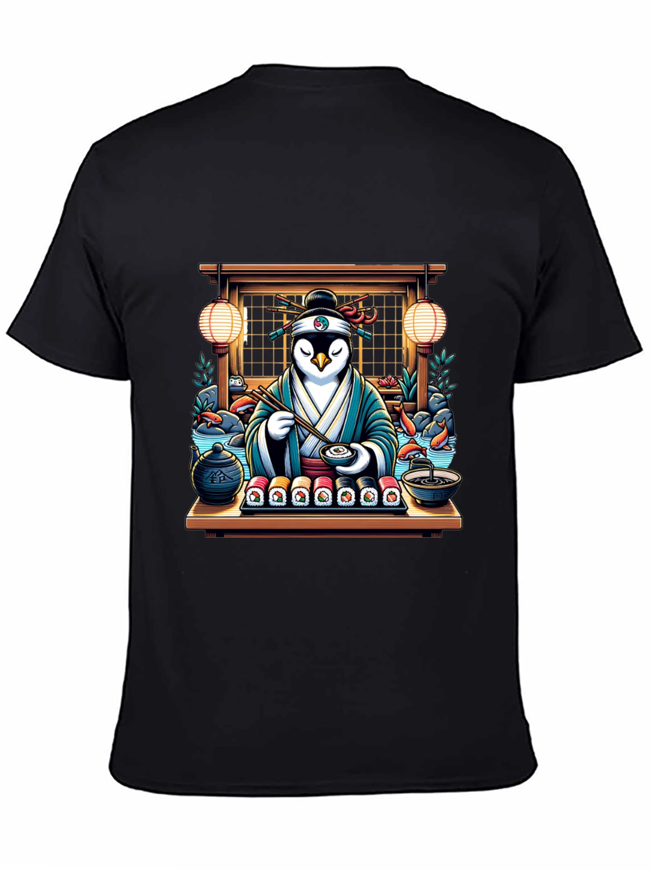 Black Sushi Chef Penguin T-Shirt view 4