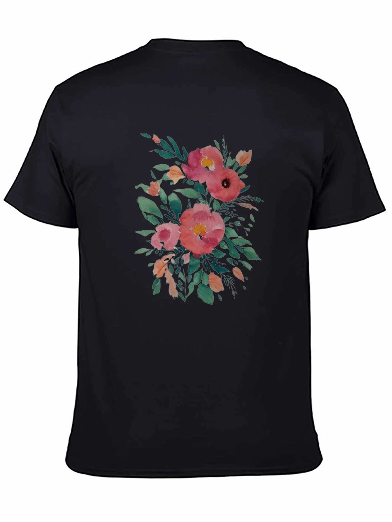 Black Floral Watercolor Print Black T-Shirt view 4