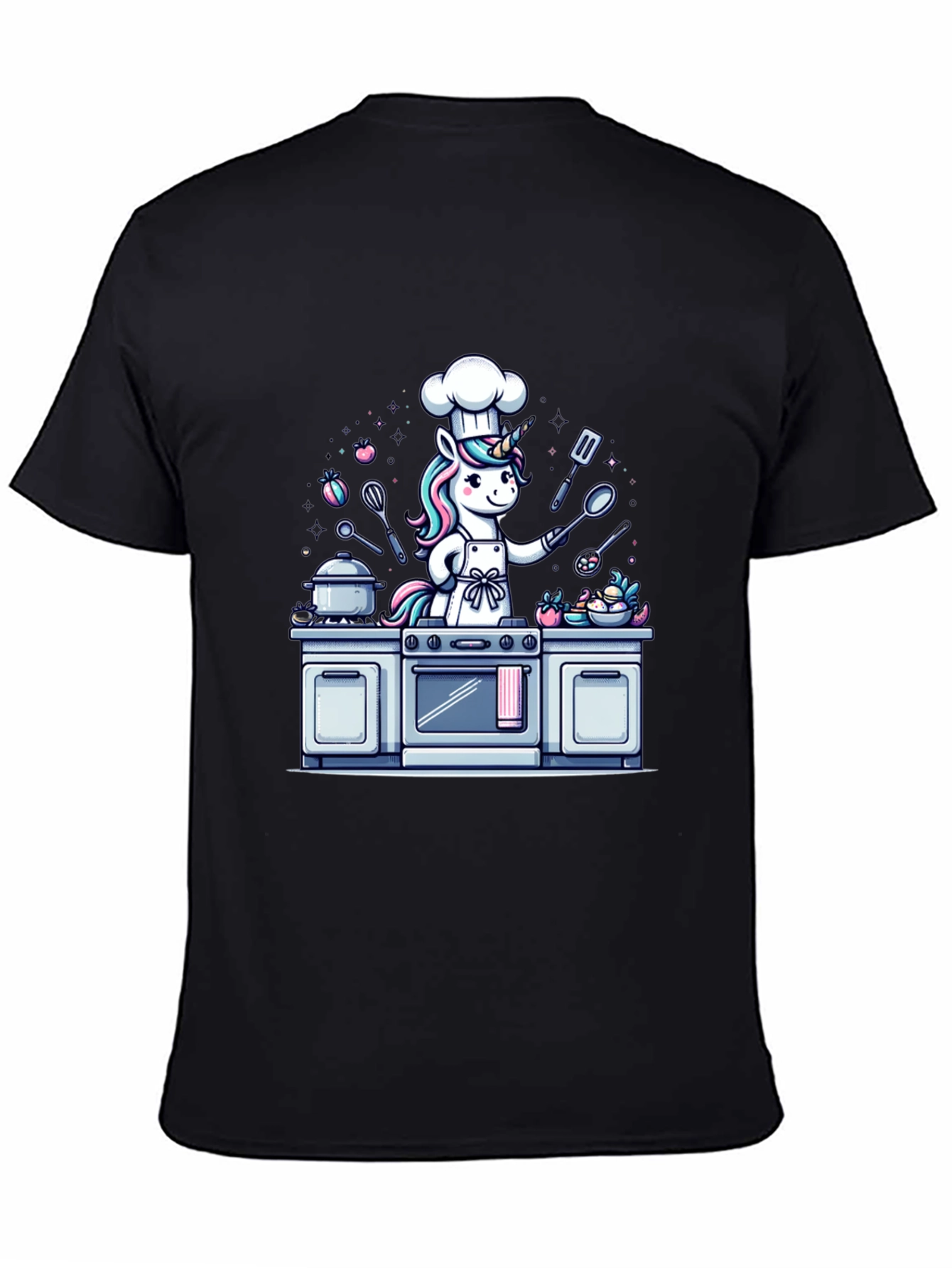 Black Unicorn Chef T-Shirt - Cartoon Graphic Tee view 4
