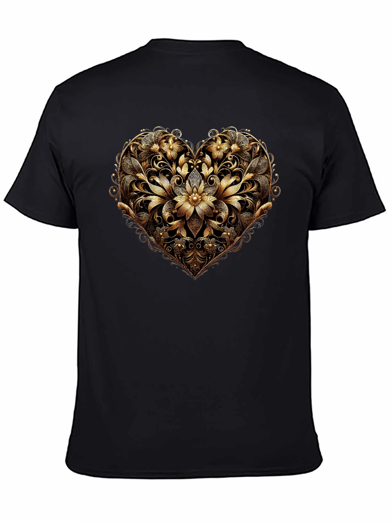 Black Golden Floral Heart Black T-Shirt view 4