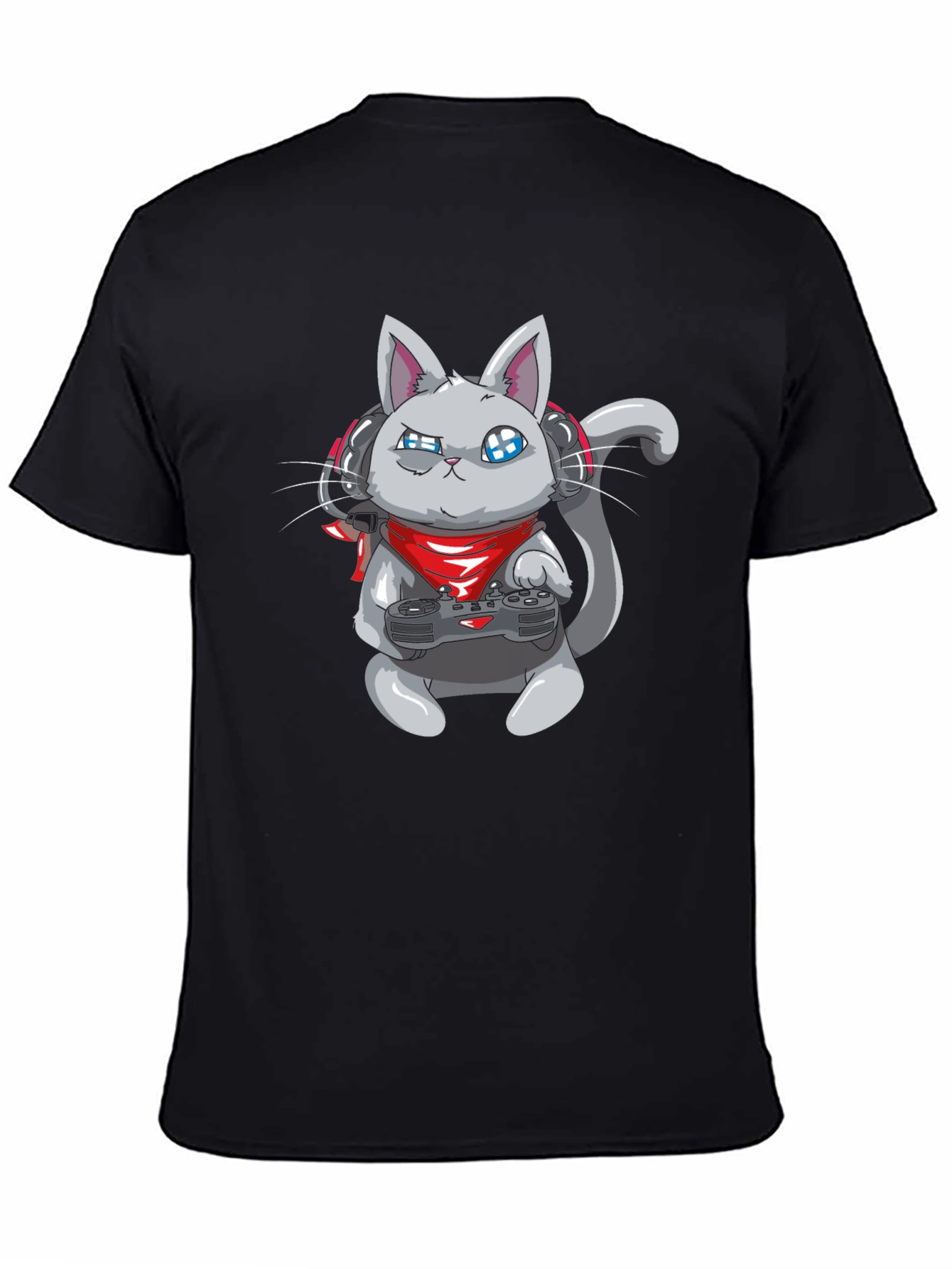 Black Gamer Cat Black T-Shirt - Gaming Cartoon Tee view 4