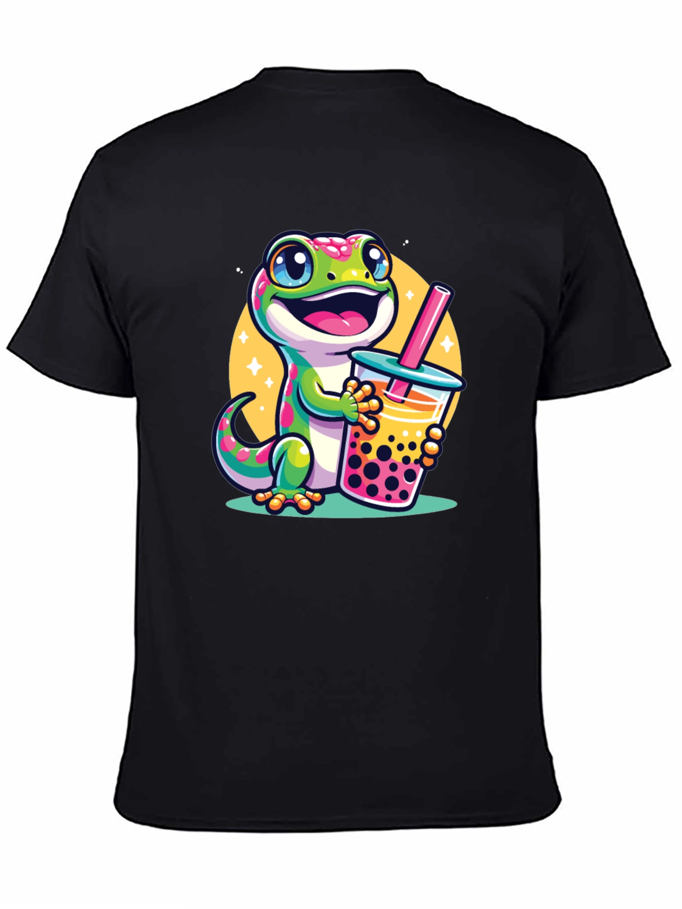 Black Cute Gecko Boba Tea Graphic T-Shirt view 4