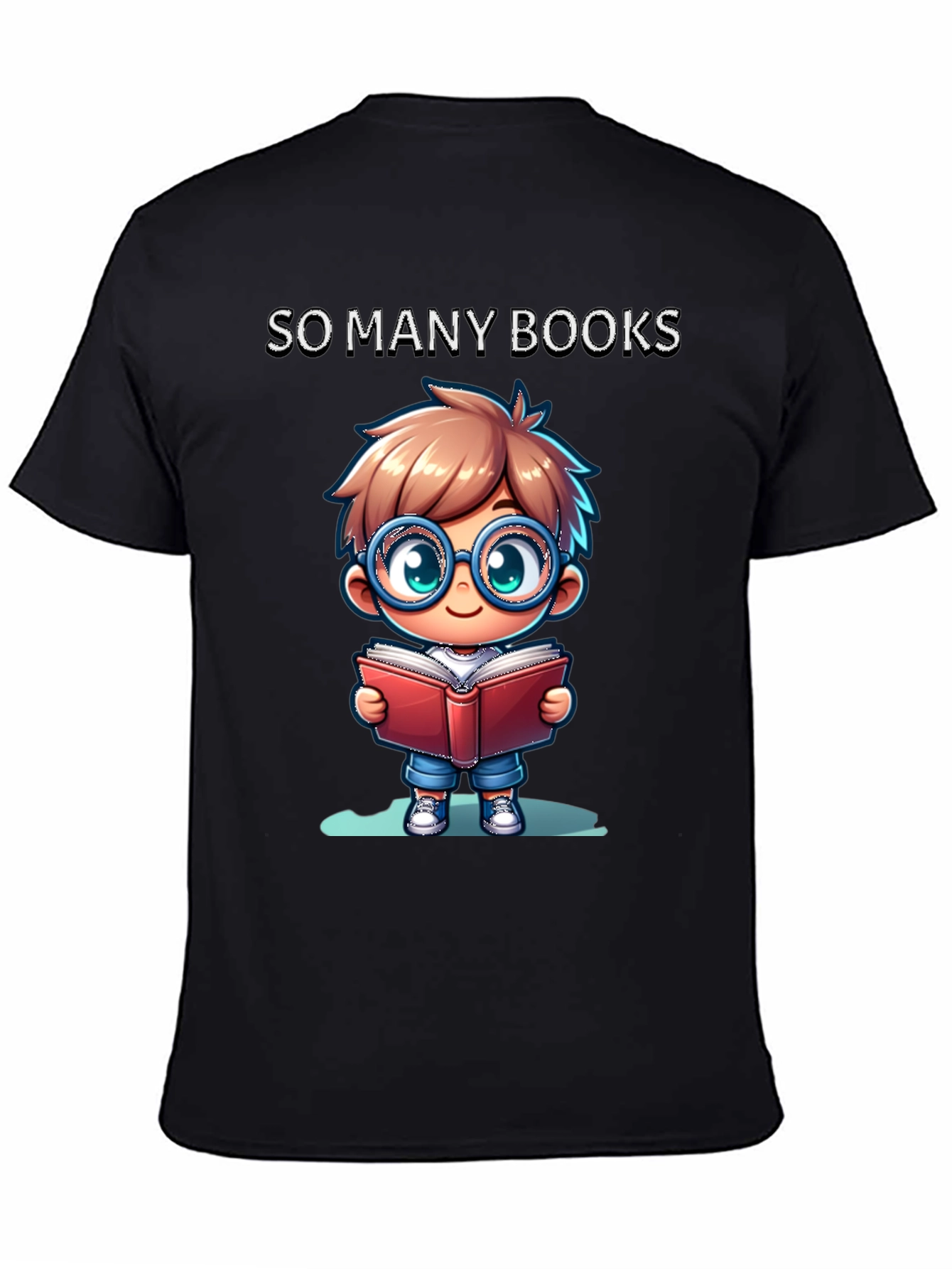 Black So Many Books T-Shirt: Cartoon Boy Reader view 4