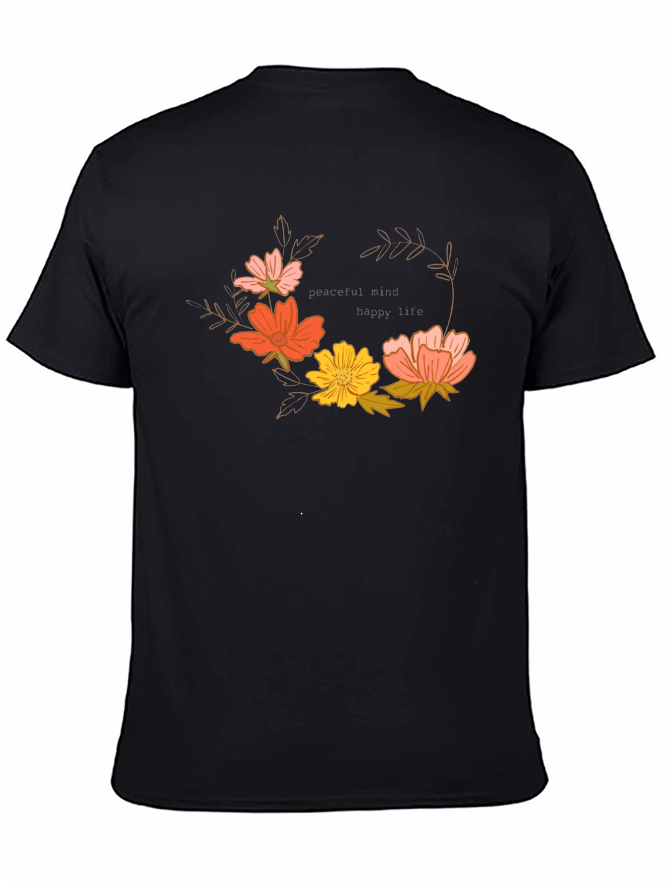 Floral Wreath Graphic T-Shirt - Peaceful Mind, Happy Life - 4