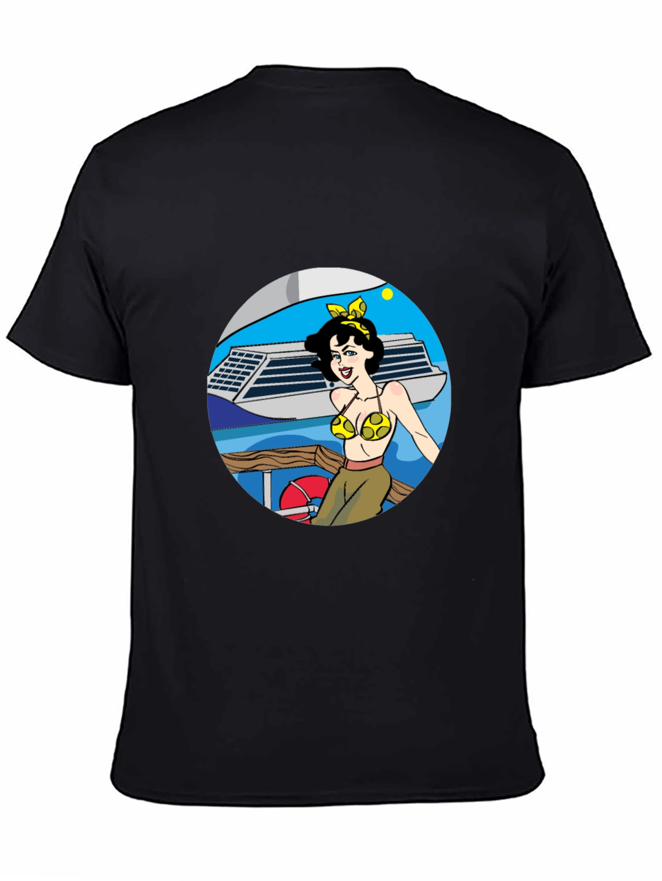 Black Cartoon Woman on Boat Graphic Tee - Black Cotton Blend view 4
