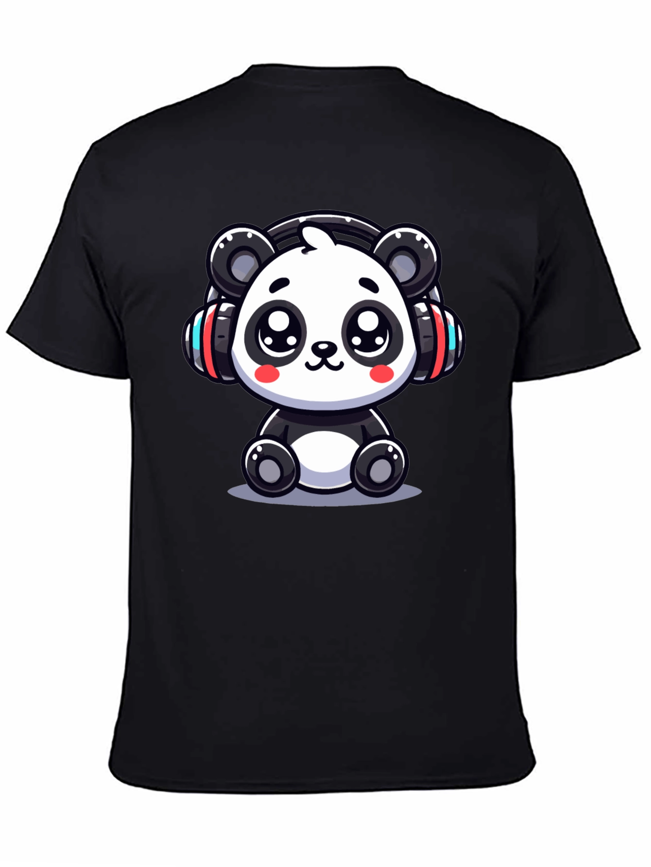 Black Cute Panda Headphones Black T-Shirt view 4