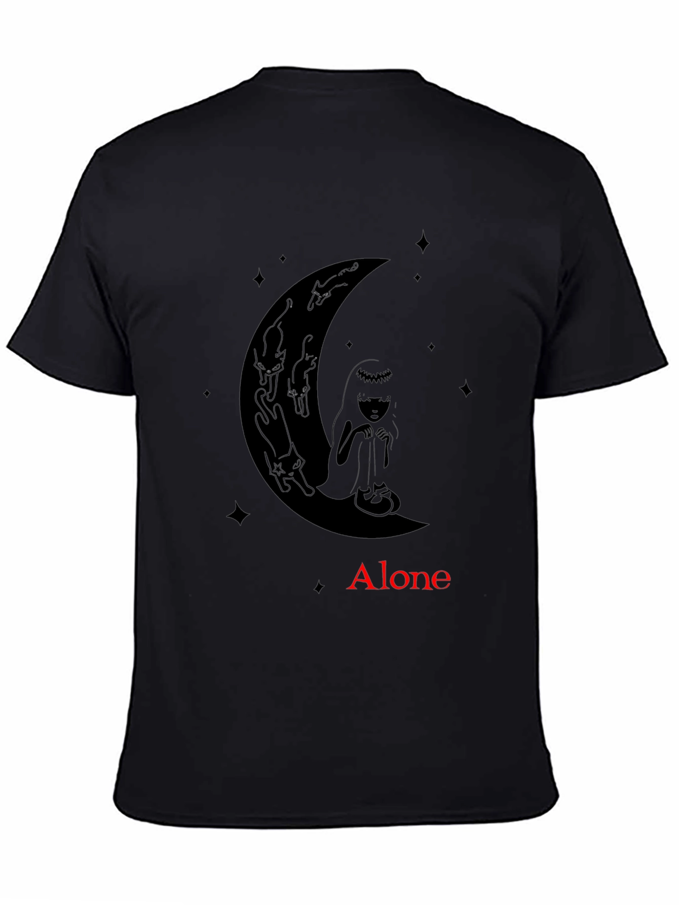 Black Alone Girl & Cats Moon Graphic Tee - Black view 4