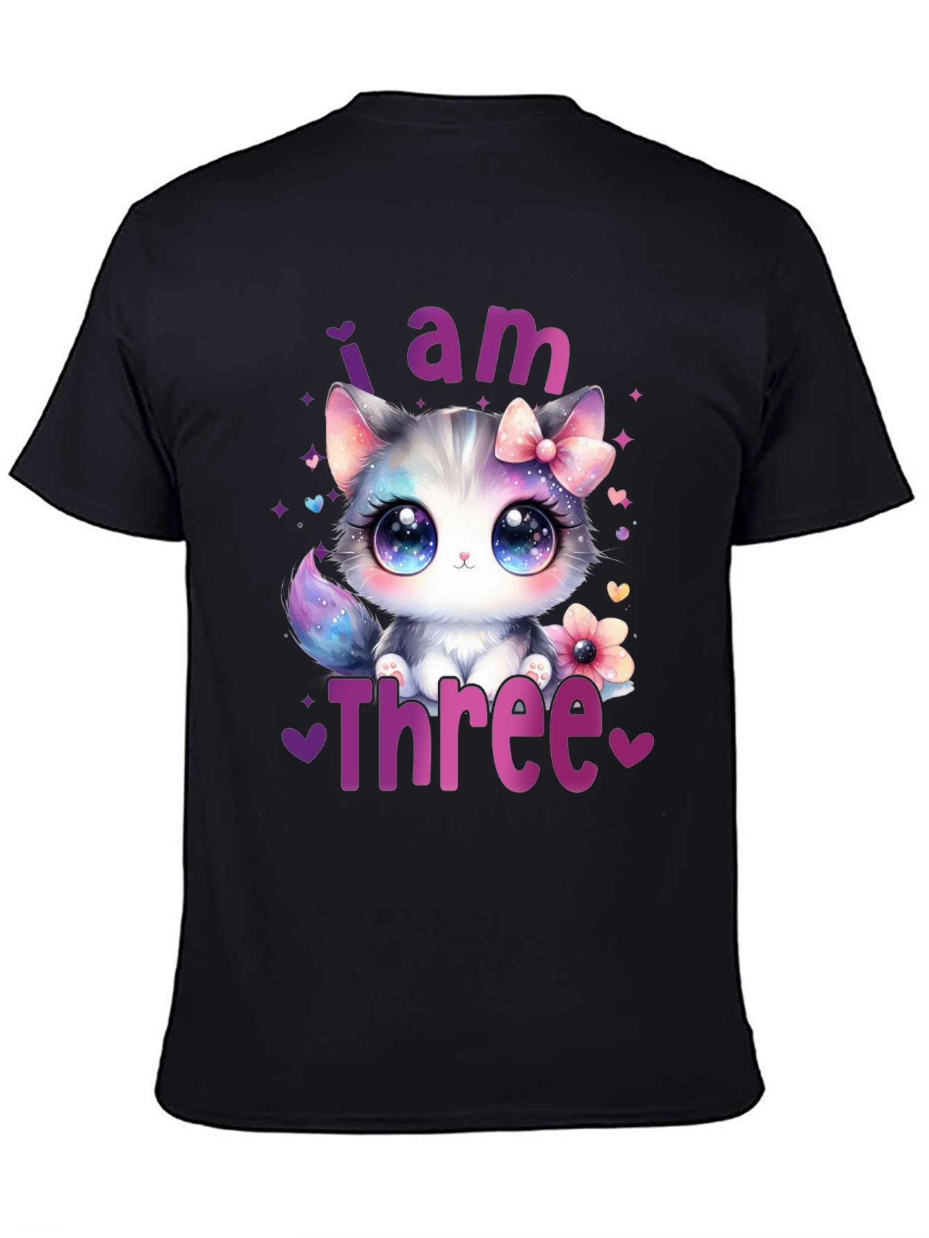 Black I Am Three Birthday Cat T-Shirt view 4