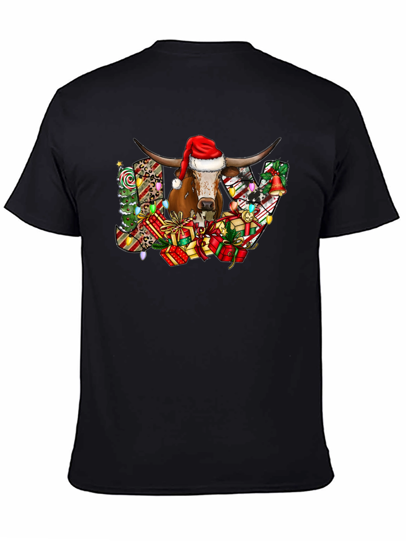 Black Festive Bull JOY Graphic Tee - Christmas Holiday Shirt view 4