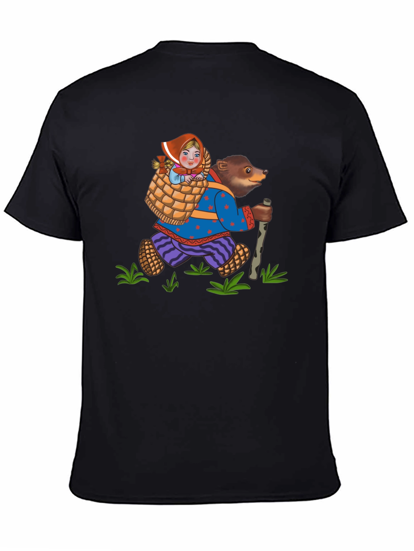 Black Bear and Girl Cartoon Black T-Shirt view 4