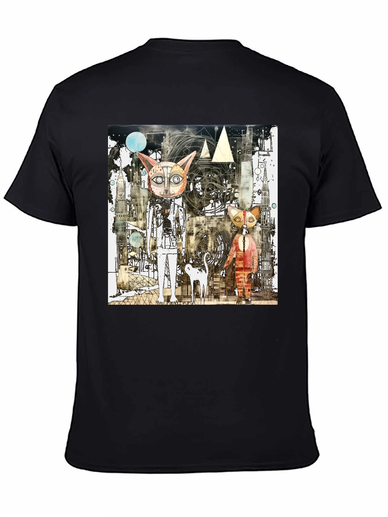 Black Abstract Cat Graphic Print Black T-Shirt view 4