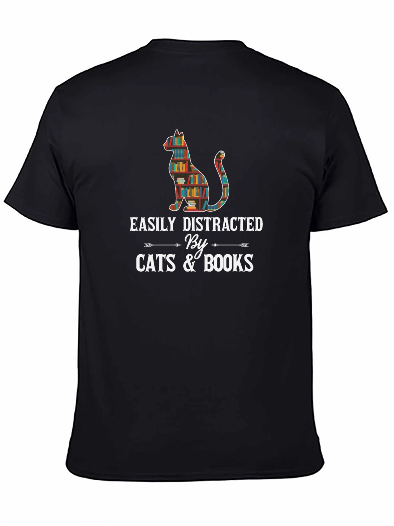 Black Easily Distracted By Cats & Books T-Shirt view 4