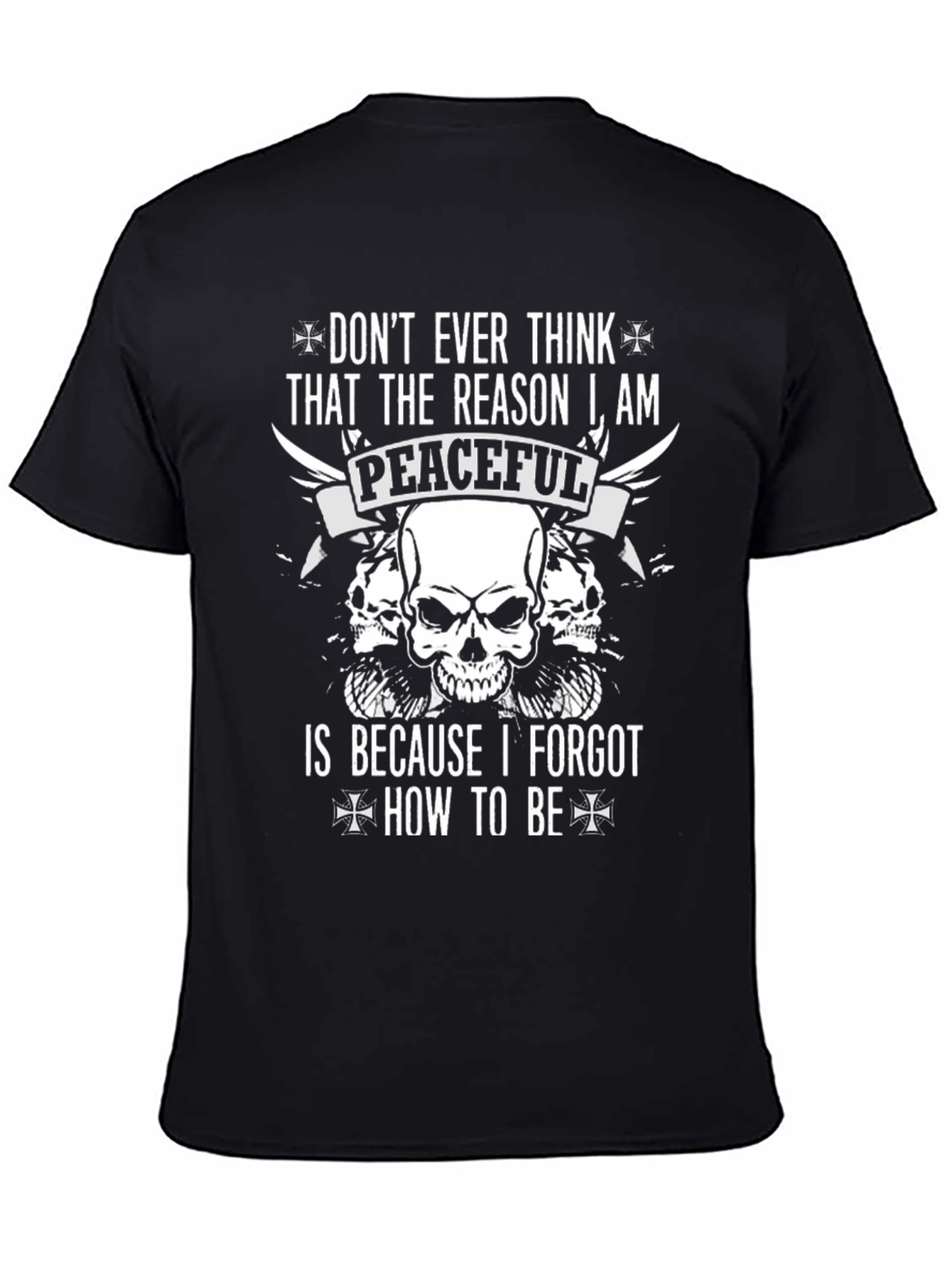 Black Edgy Graphic T-Shirt: Peaceful Skull Design for Men view 4