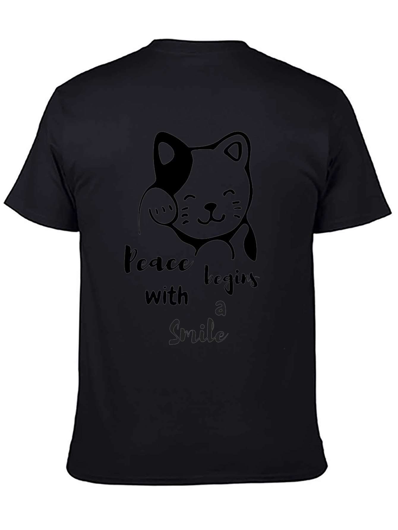 Black Peaceful Cat Graphic Tee - Black Cotton T-Shirt view 4