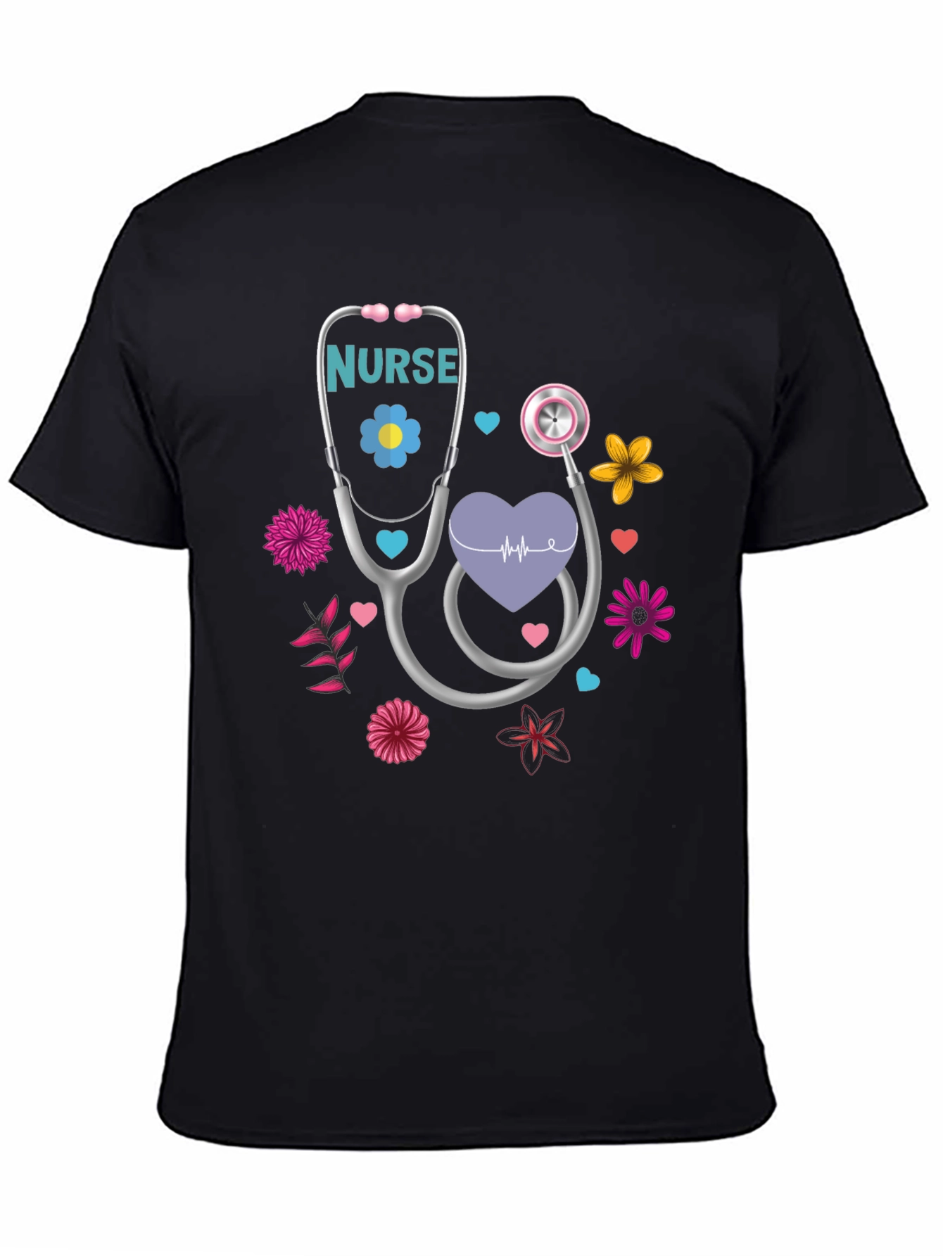Black Nurse Stethoscope Floral Heart T-Shirt view 4