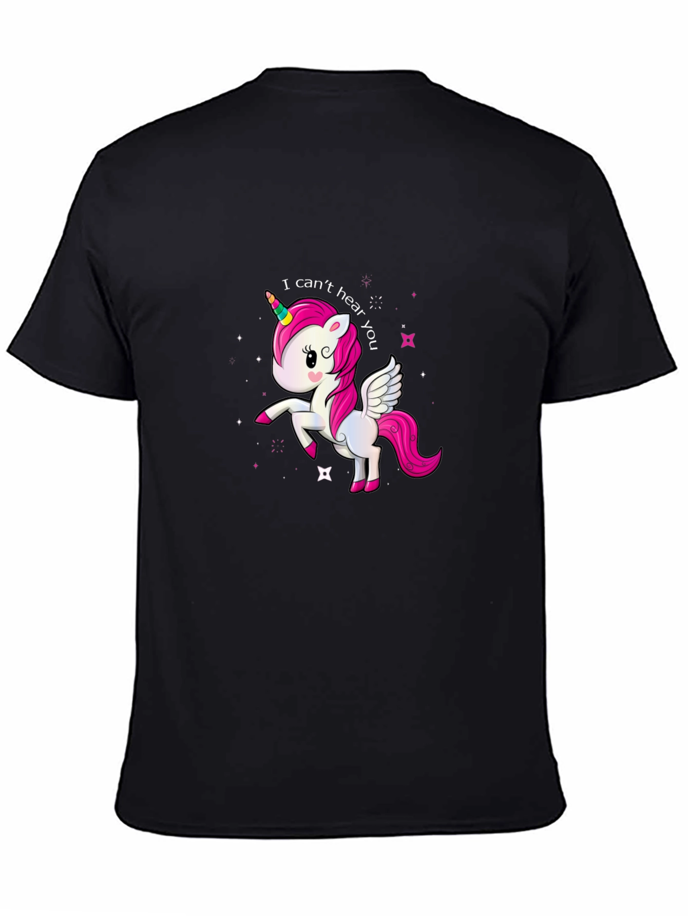 Black Cute Unicorn 'I Can't Hear You' Black T-Shirt view 4