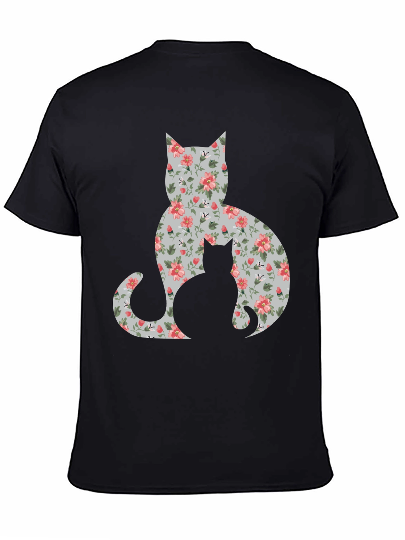 Black Floral Cat Silhouette T-Shirt - Stylish Tee view 4