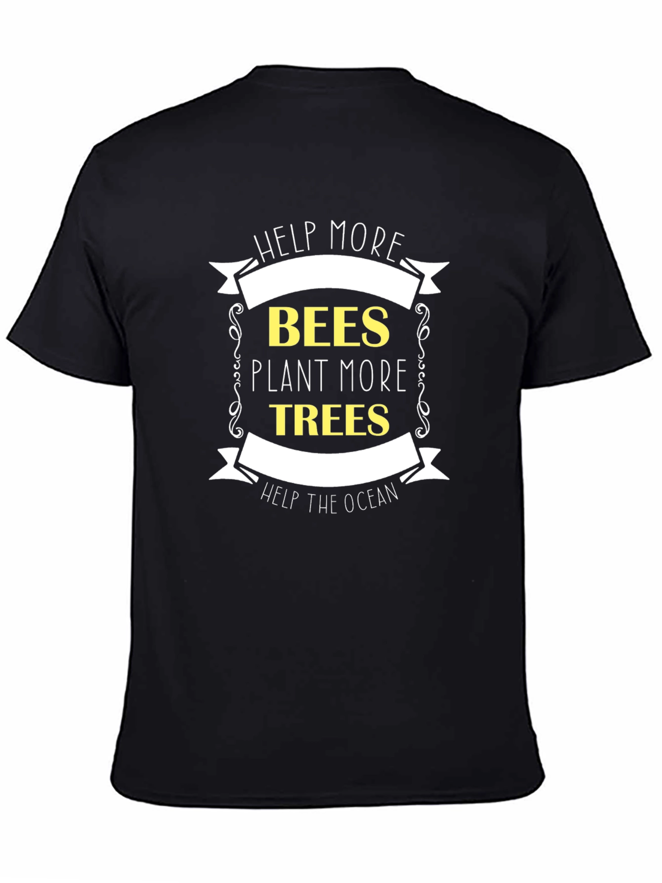 Black Eco-Friendly Tee: Help Bees, Plant Trees, Save Ocean view 4