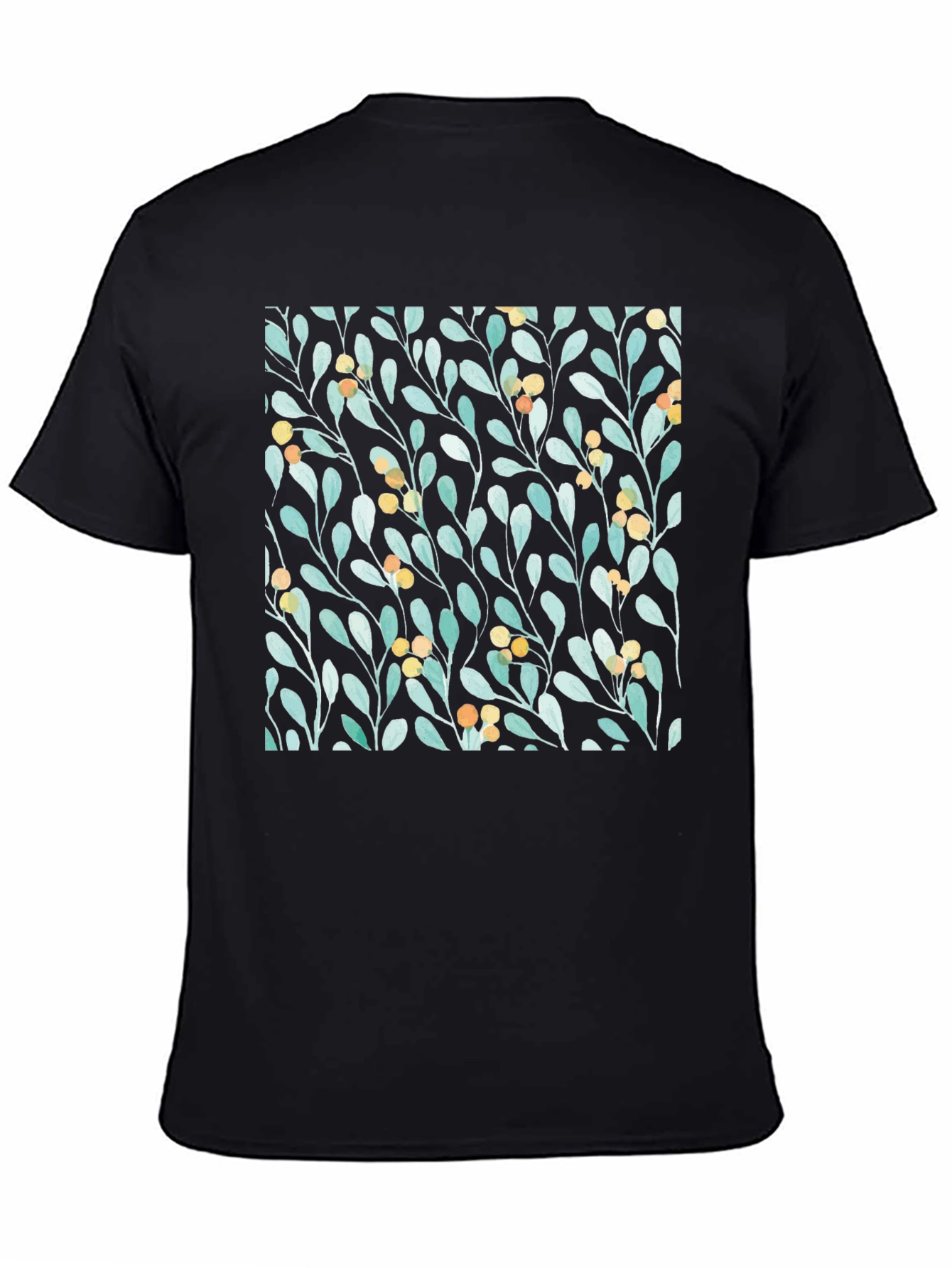 Black Botanical Leaves & Berries Black T-Shirt view 4