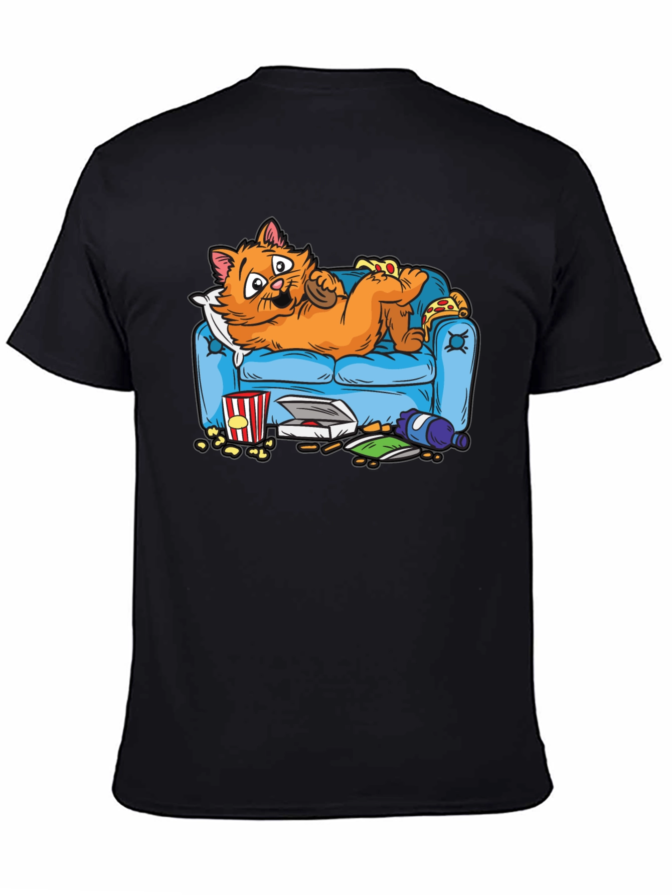 Black Funny Cat on Couch Men's T-Shirt - Pizza & Snacks! view 4