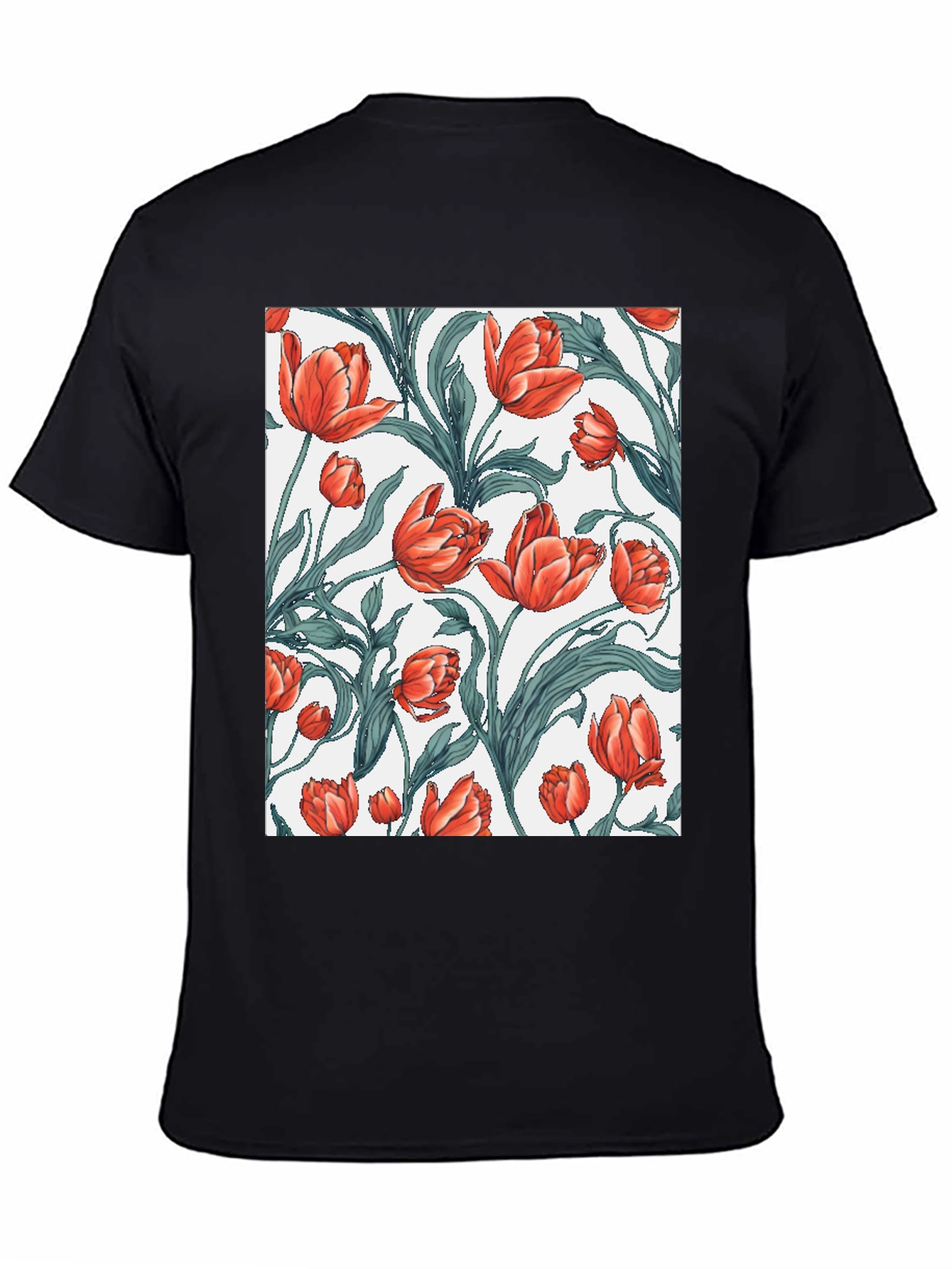 Black Floral Tulip Print Black T-Shirt view 4
