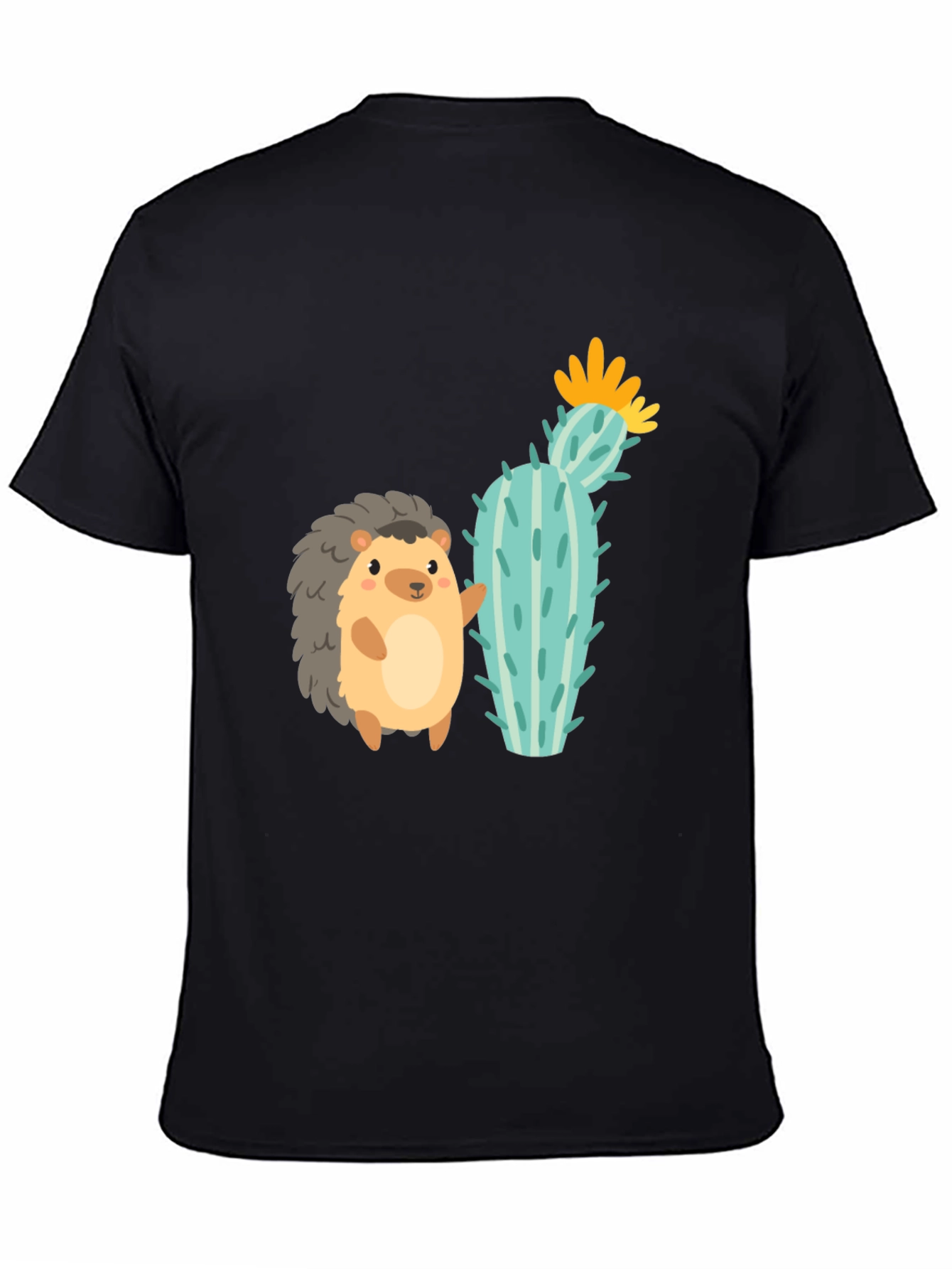 Black Cute Hedgehog & Cactus Graphic Tee - Unisex Black T-Shirt view 4