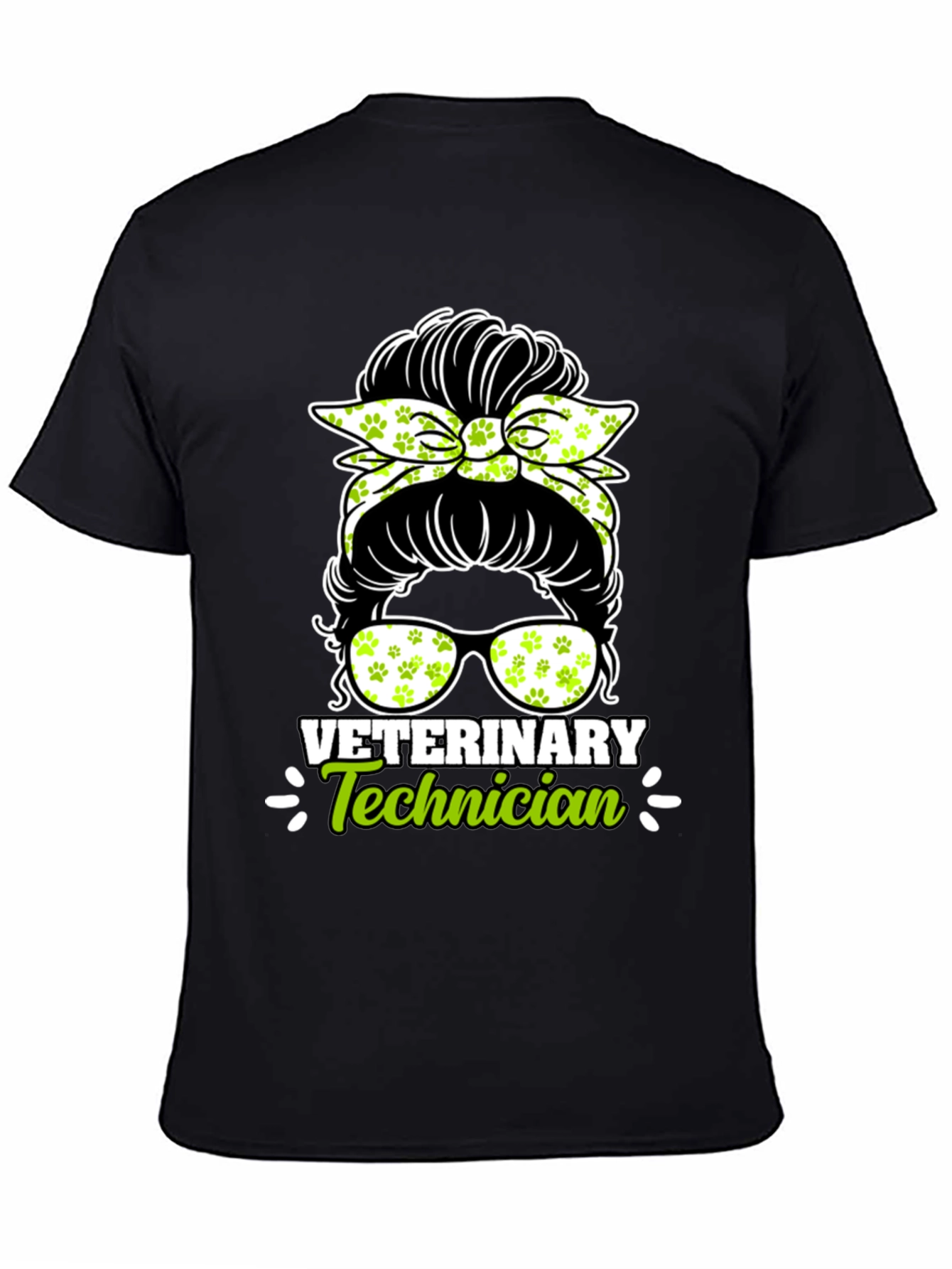 Black Veterinary Technician Messy Bun T-Shirt view 4