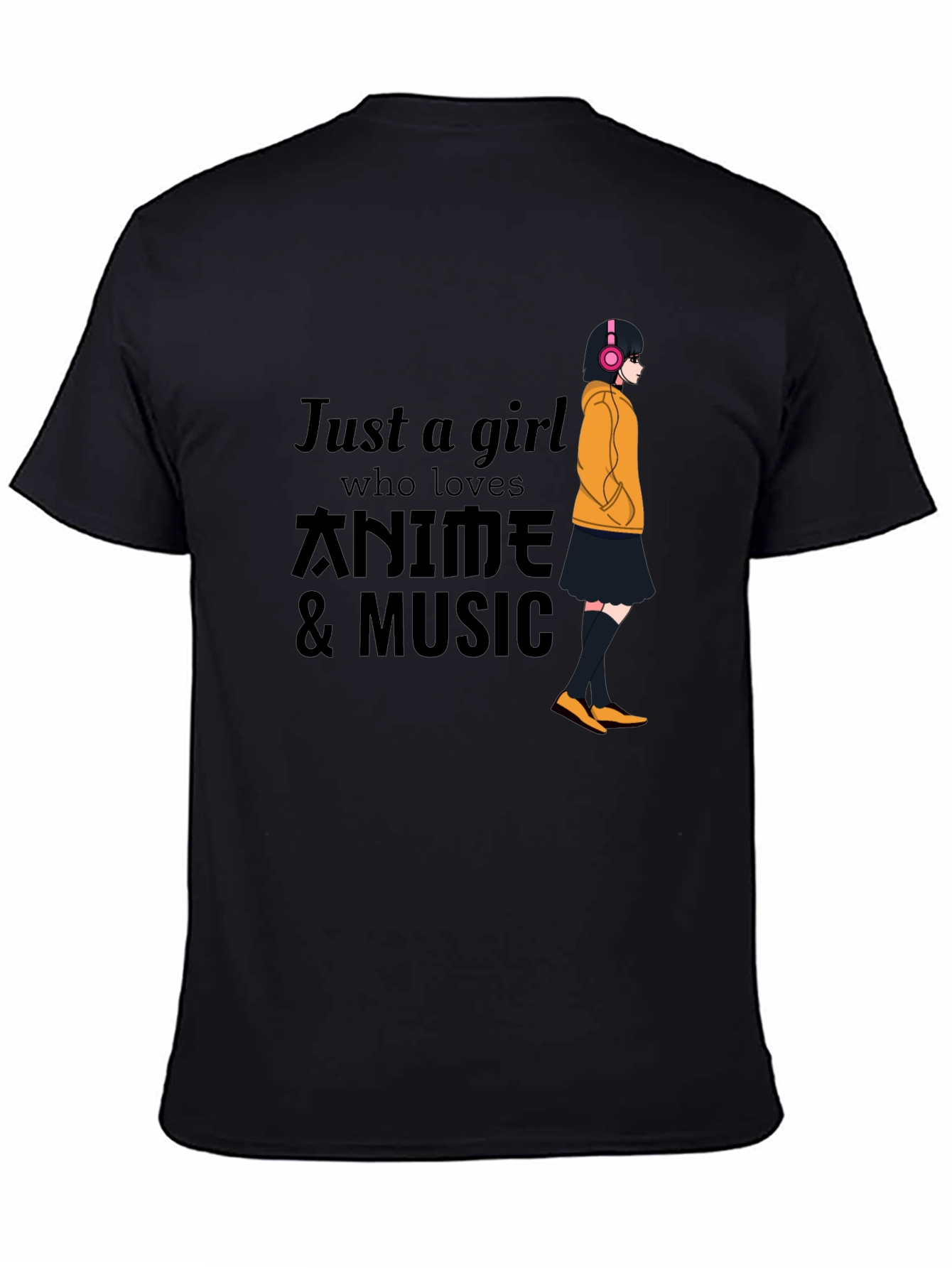 Black Anime & Music Girl T-Shirt - Black view 4