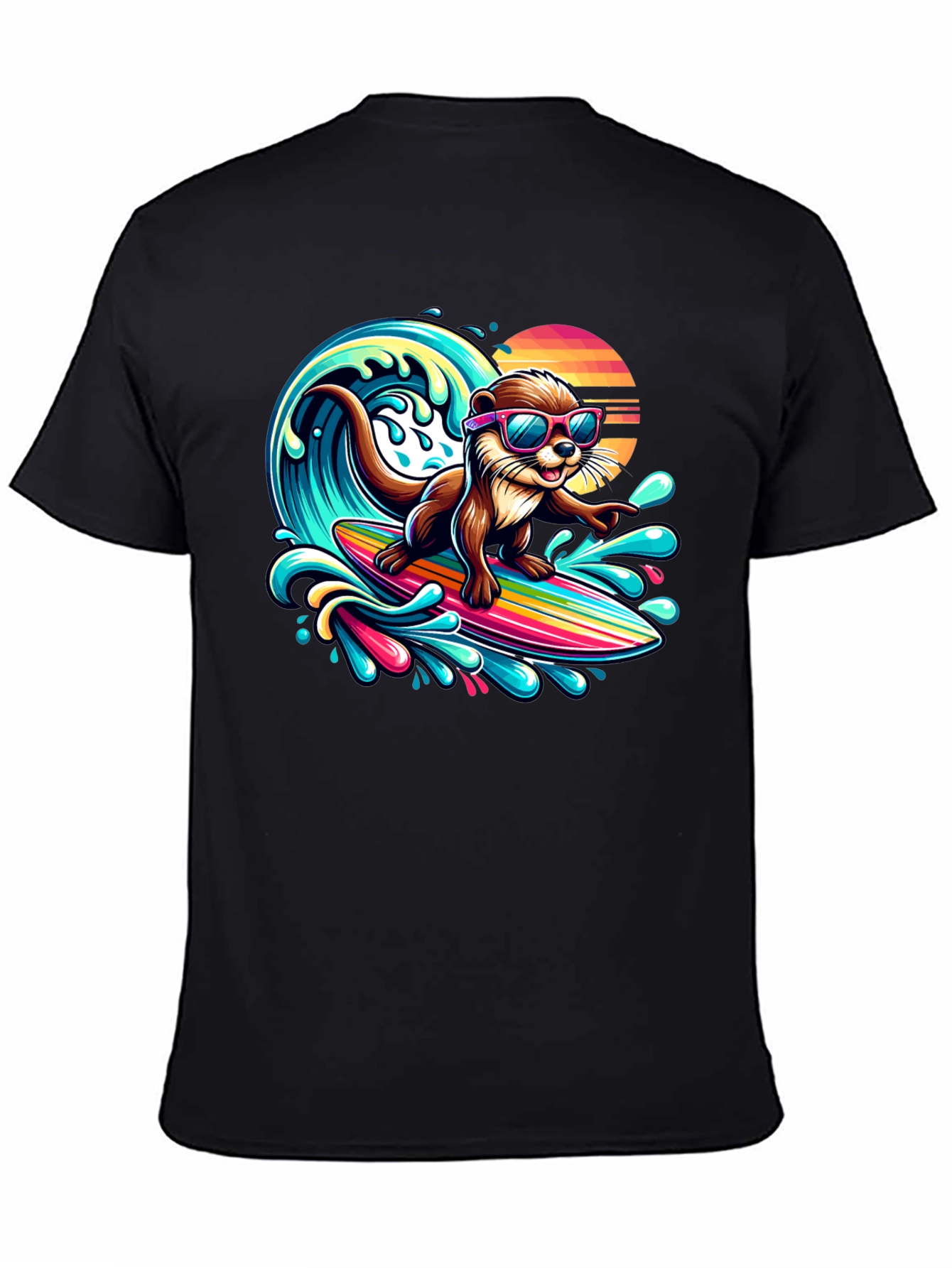 Black Surfing Otter T-Shirt - Cool Cartoon Graphic Tee view 4