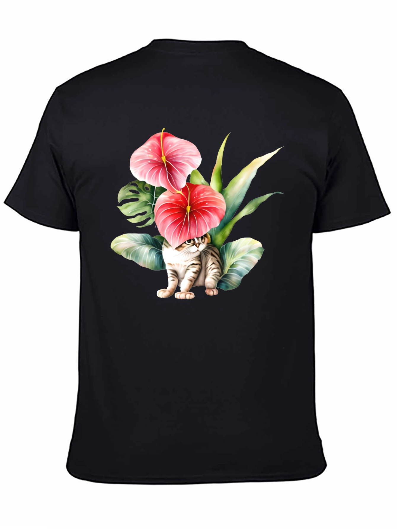 Black Floral Cat T-Shirt - Unique Graphic Tee view 4