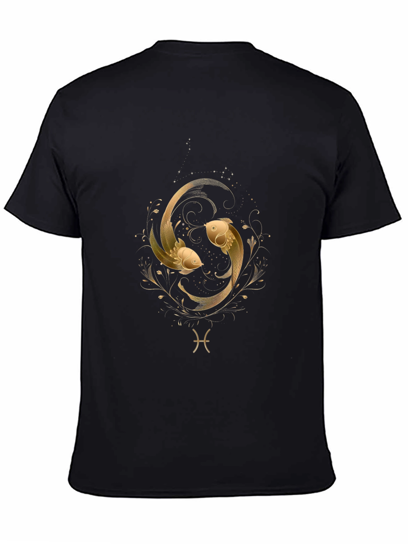 Black Pisces Zodiac Gold Fish Graphic Black T-Shirt view 4