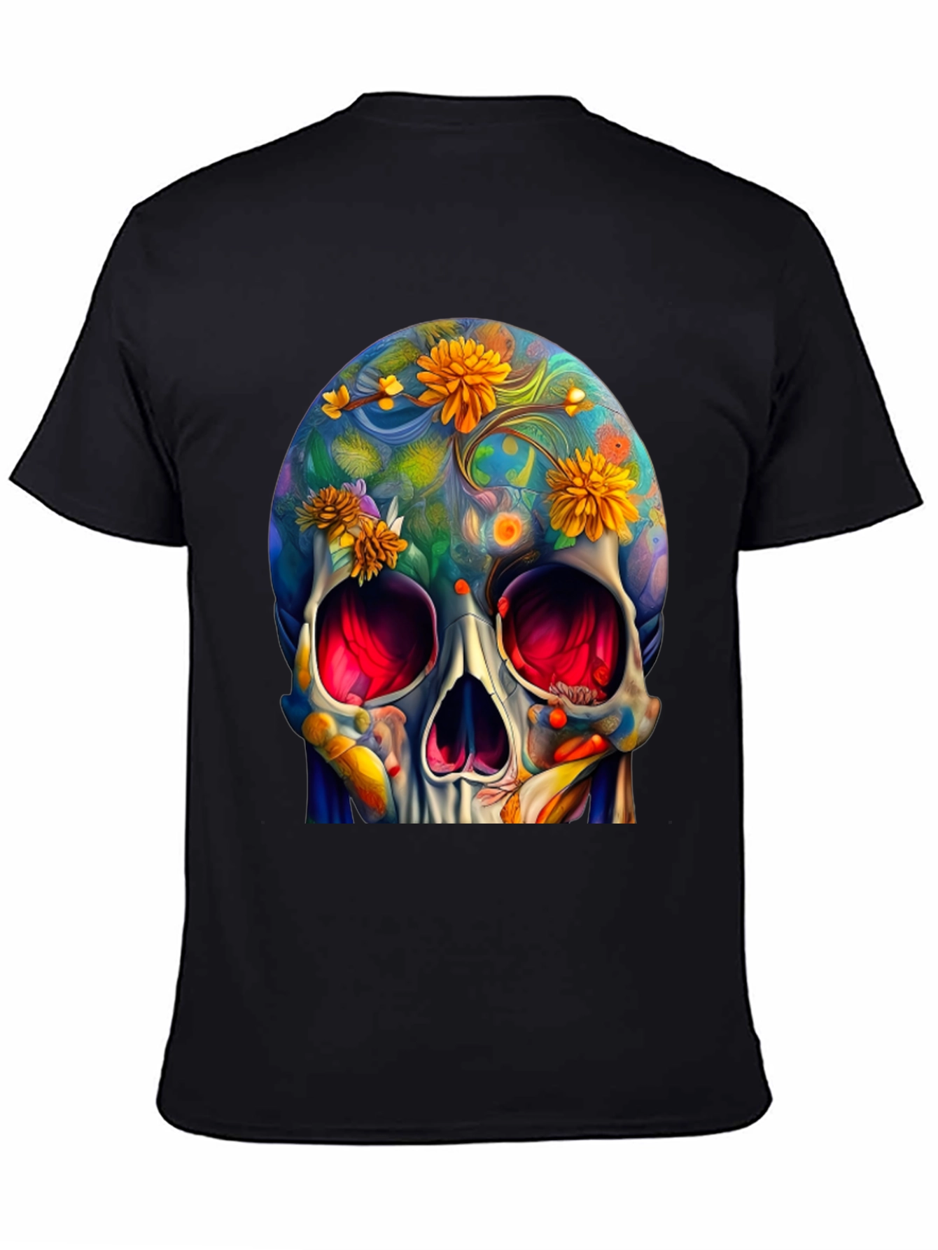 Black Floral Skull Graphic Tee - Unique Art Design view 4
