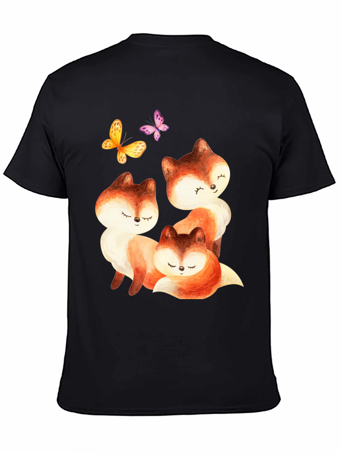 Black Cute Fox & Butterfly Graphic Tee view 4