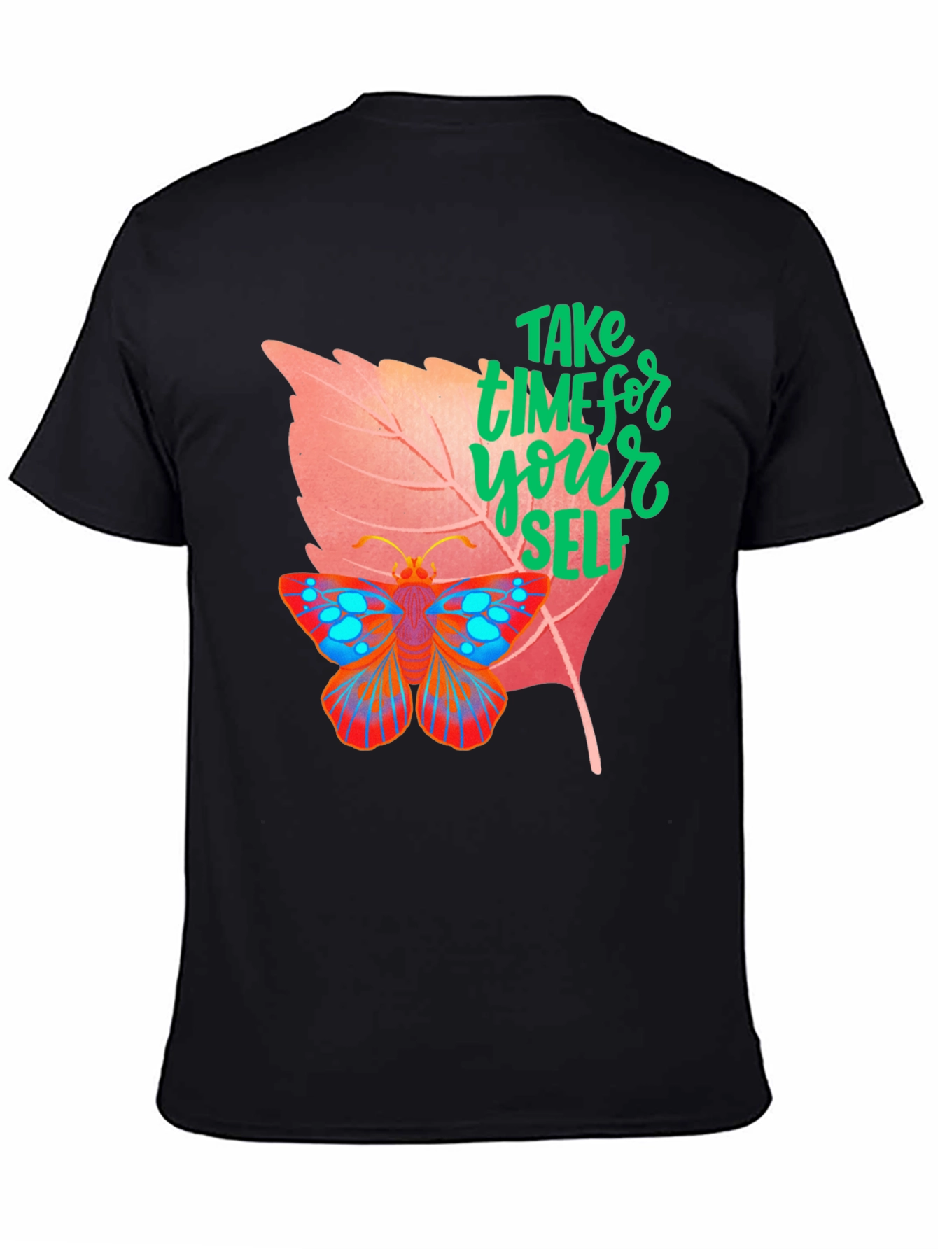 Black Take Time for Yourself T-Shirt Butterfly & Leaf Design view 4