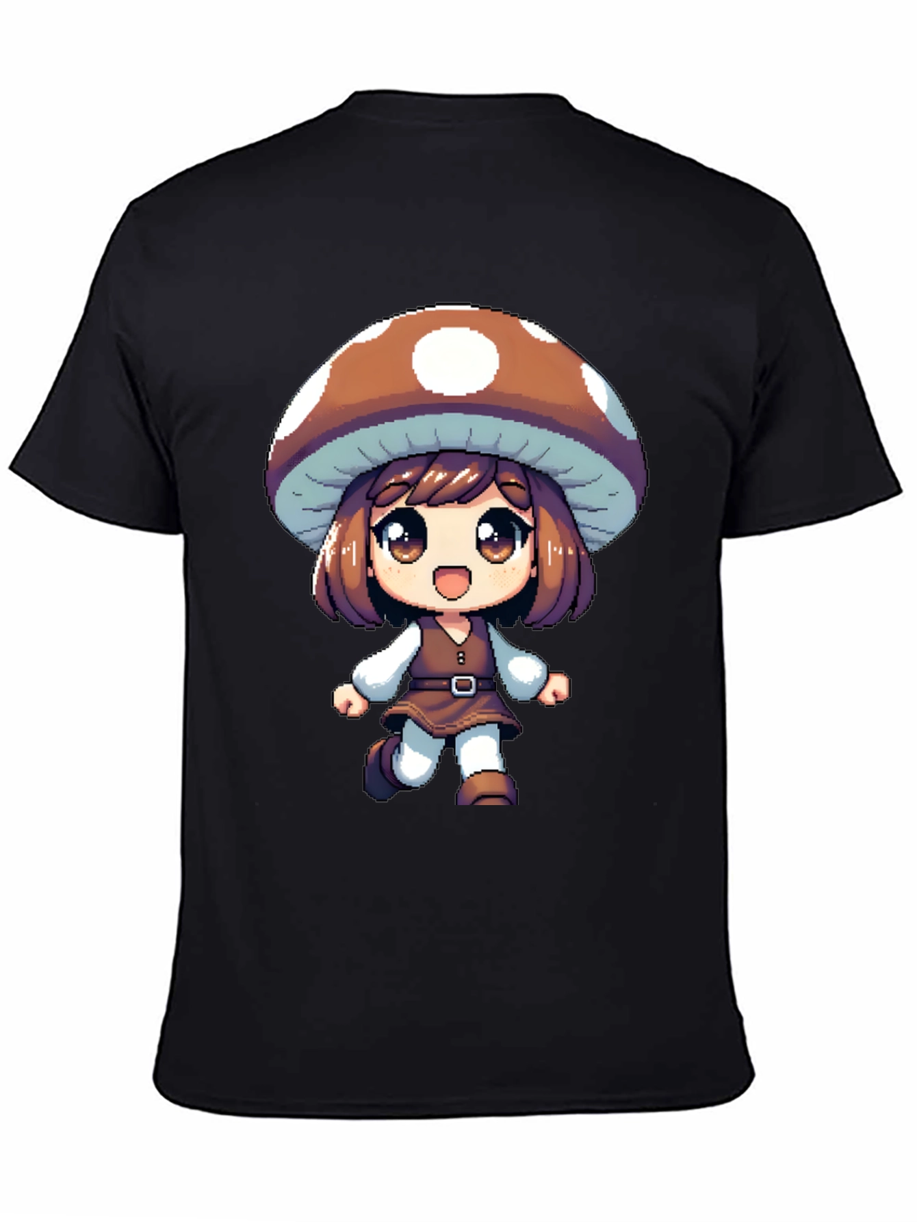 Black Mushroom Girl Black T-Shirt Anime Pixel Art view 4