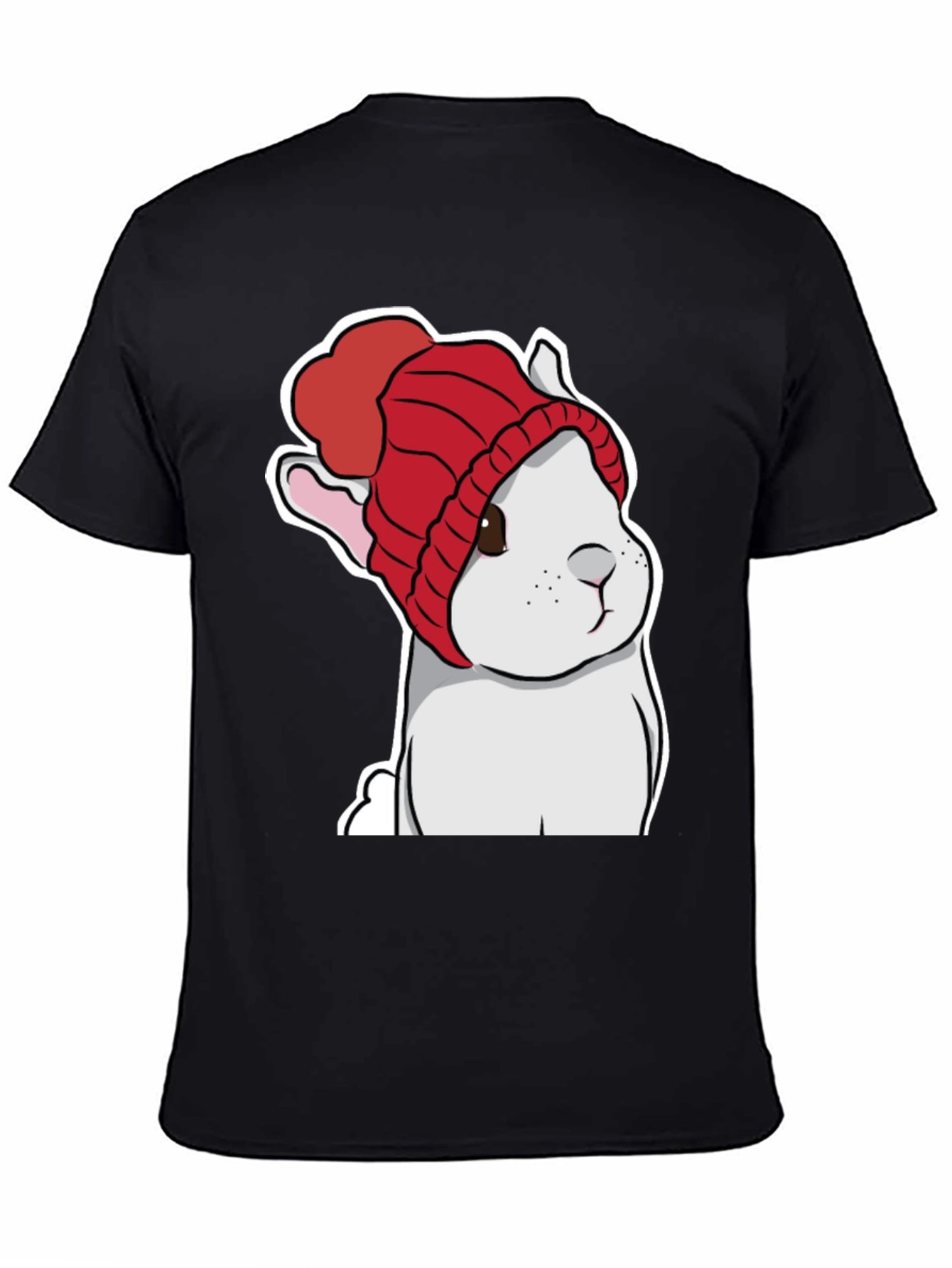 Black Cute Bunny in Red Knit Hat T-Shirt view 4
