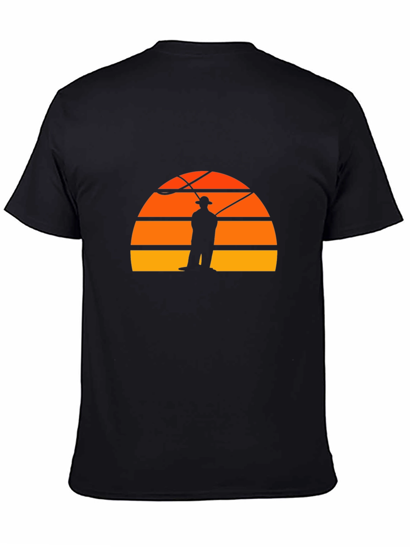 Black Fisherman Sunset Graphic Tee - Retro Style Black T-Shirt view 4