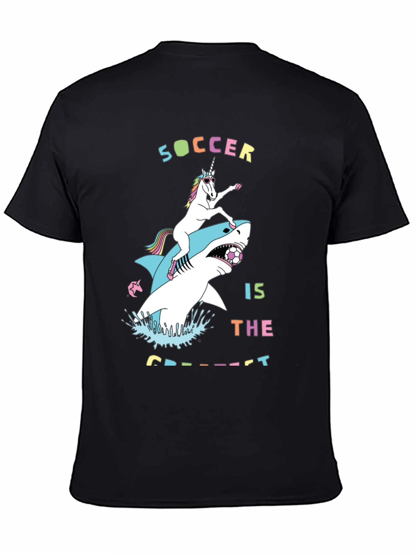 Black Unicorn Riding Shark Soccer T-Shirt view 4