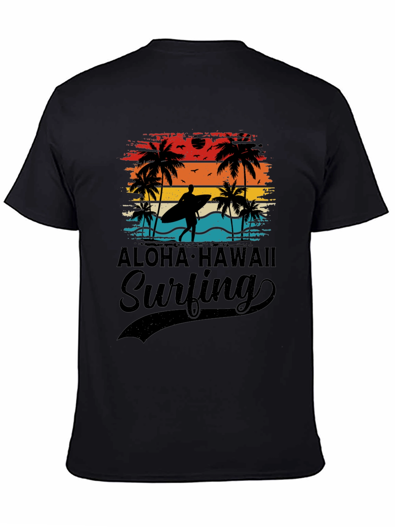Black Aloha Hawaii Surfing T-Shirt Palm Tree Sunset Tee view 4