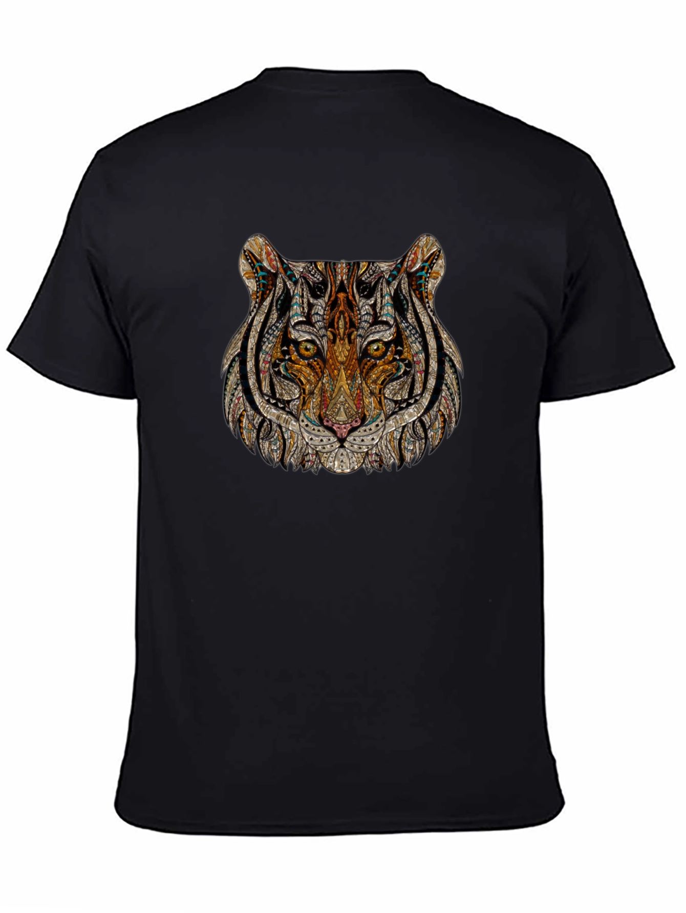 Black Intricate Tiger Head Graphic Print Black T-Shirt view 4