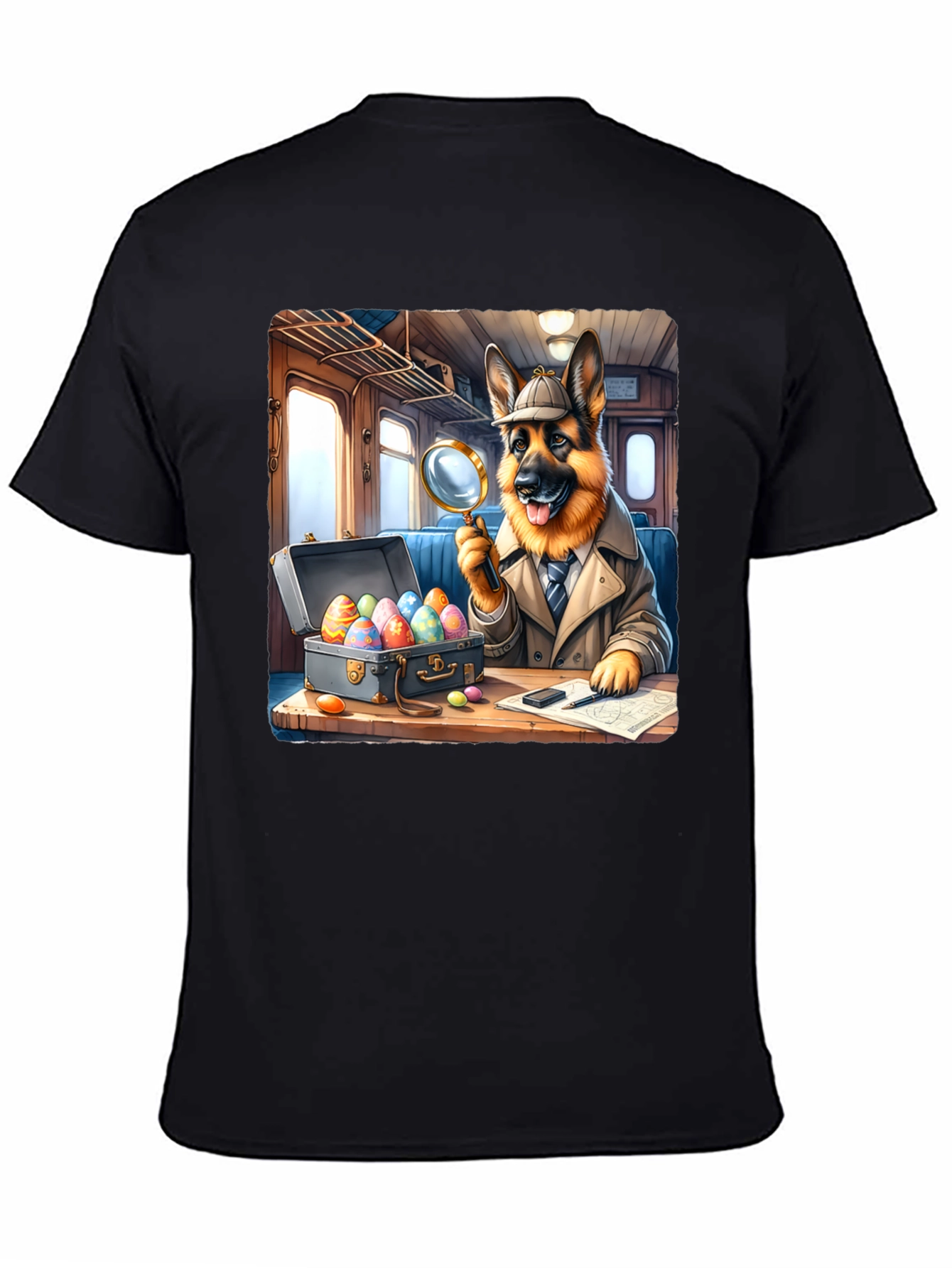 Black Detective Dog Easter Egg Hunt T-Shirt view 4