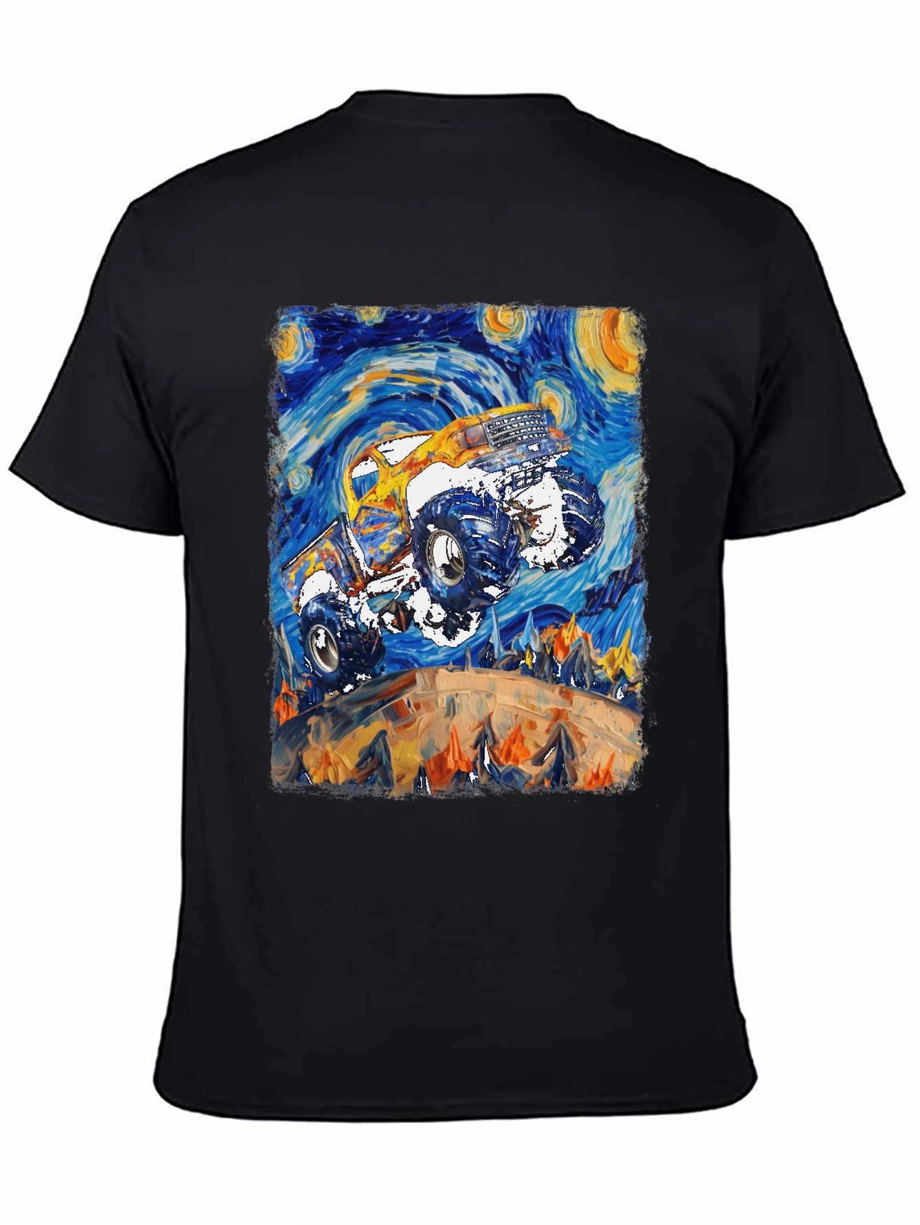 Black Monster Truck Starry Night Art Graphic T-Shirt view 4