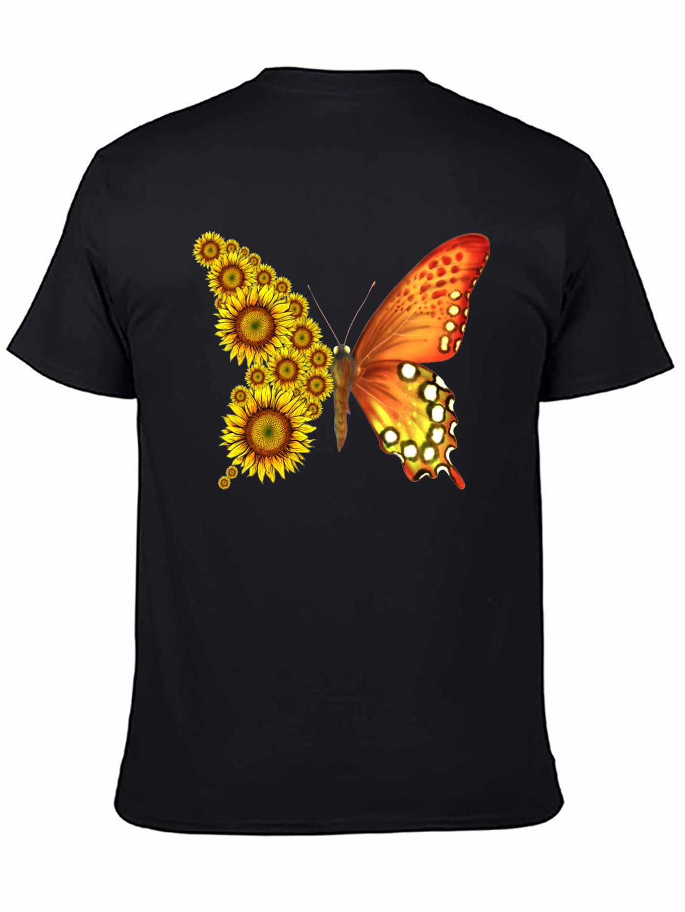 Sunflower Butterfly Graphic Tee - Black Cotton Blend Shirt - 4