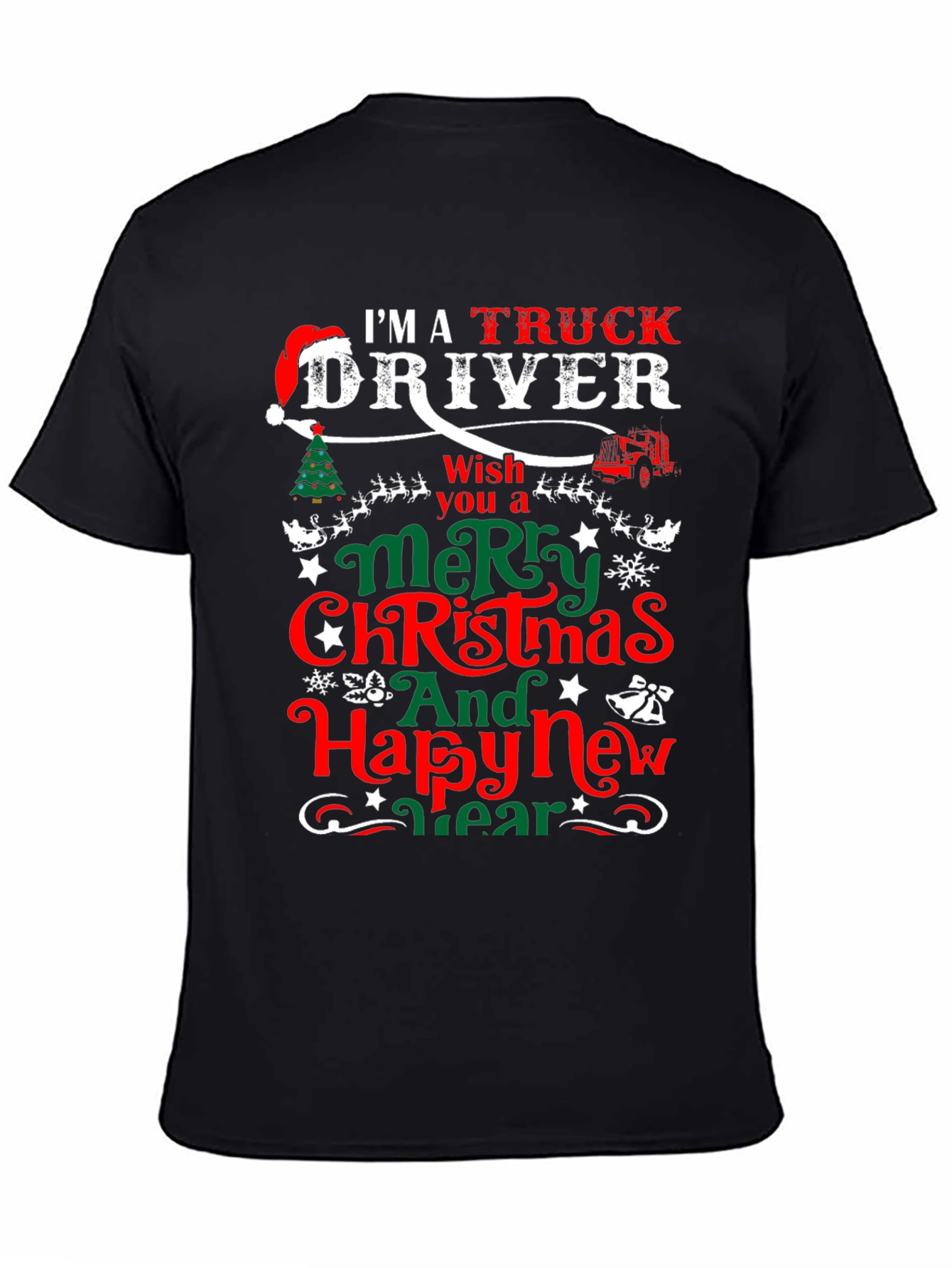 Black Truck Driver Christmas T-Shirt view 4