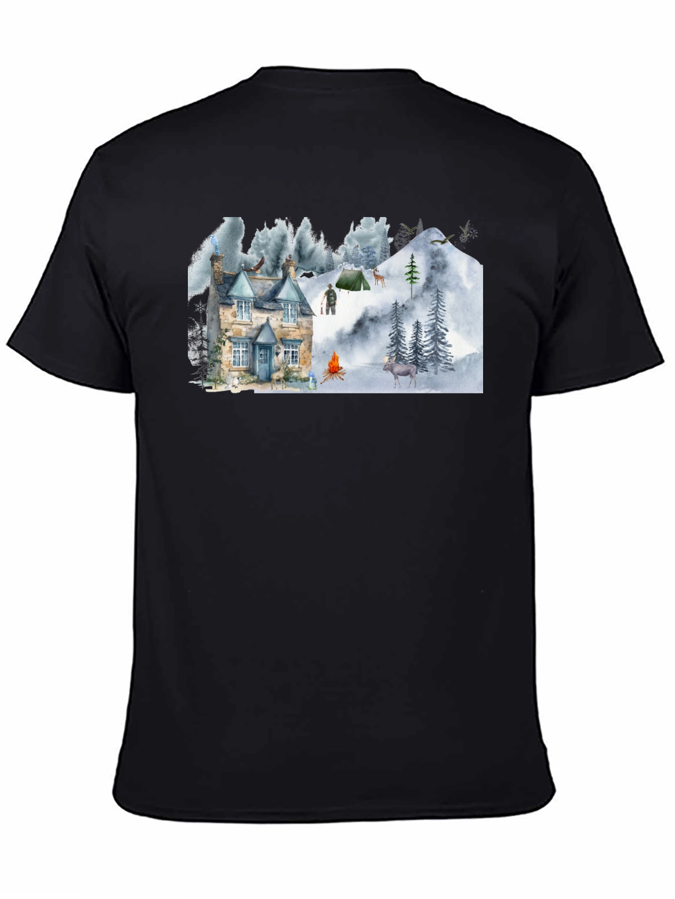 Black Cozy Cabin Mountain Scene Graphic T-Shirt view 4