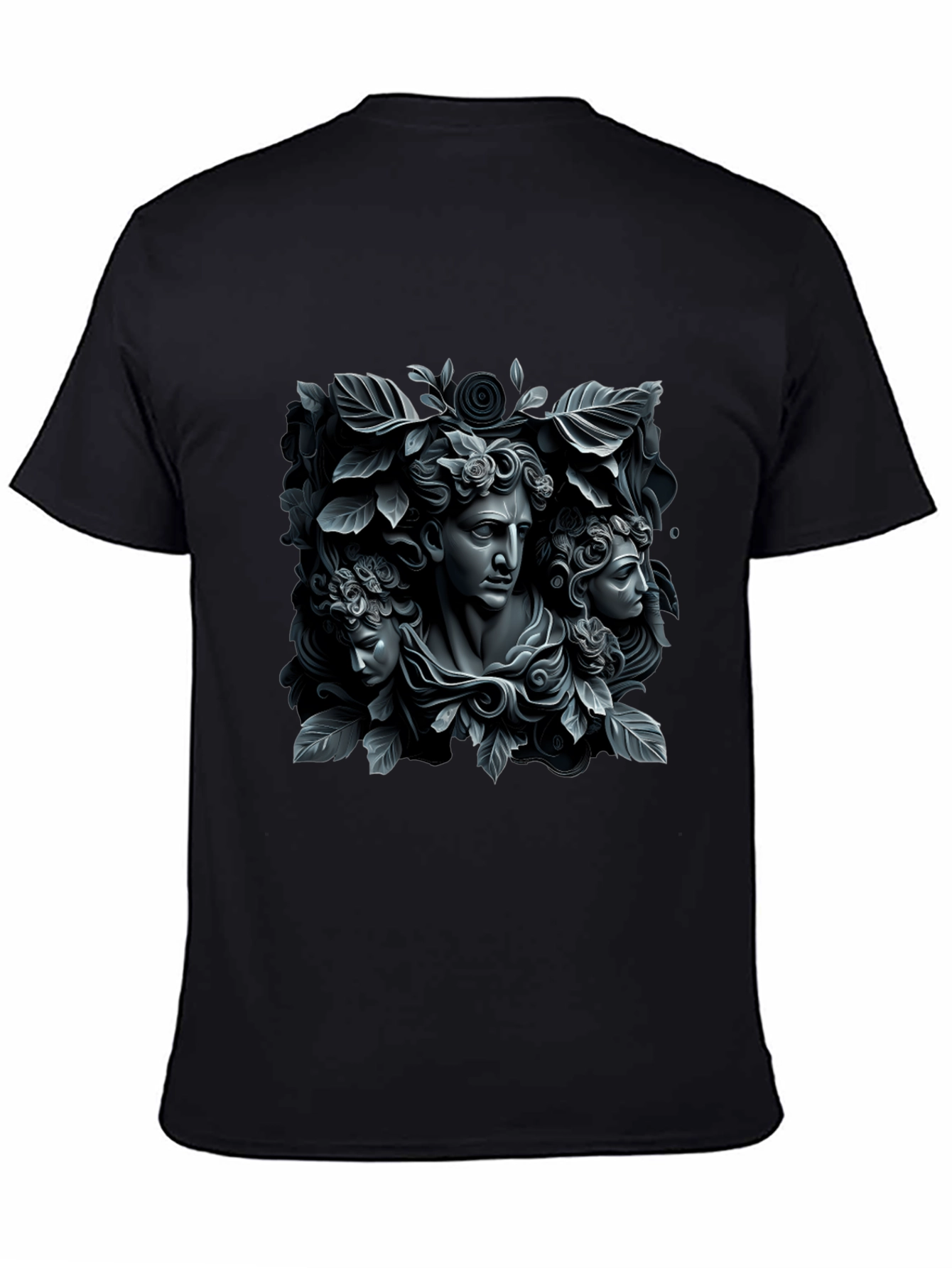 Black Ancient Art Tee: Floral Statue T-Shirt view 4